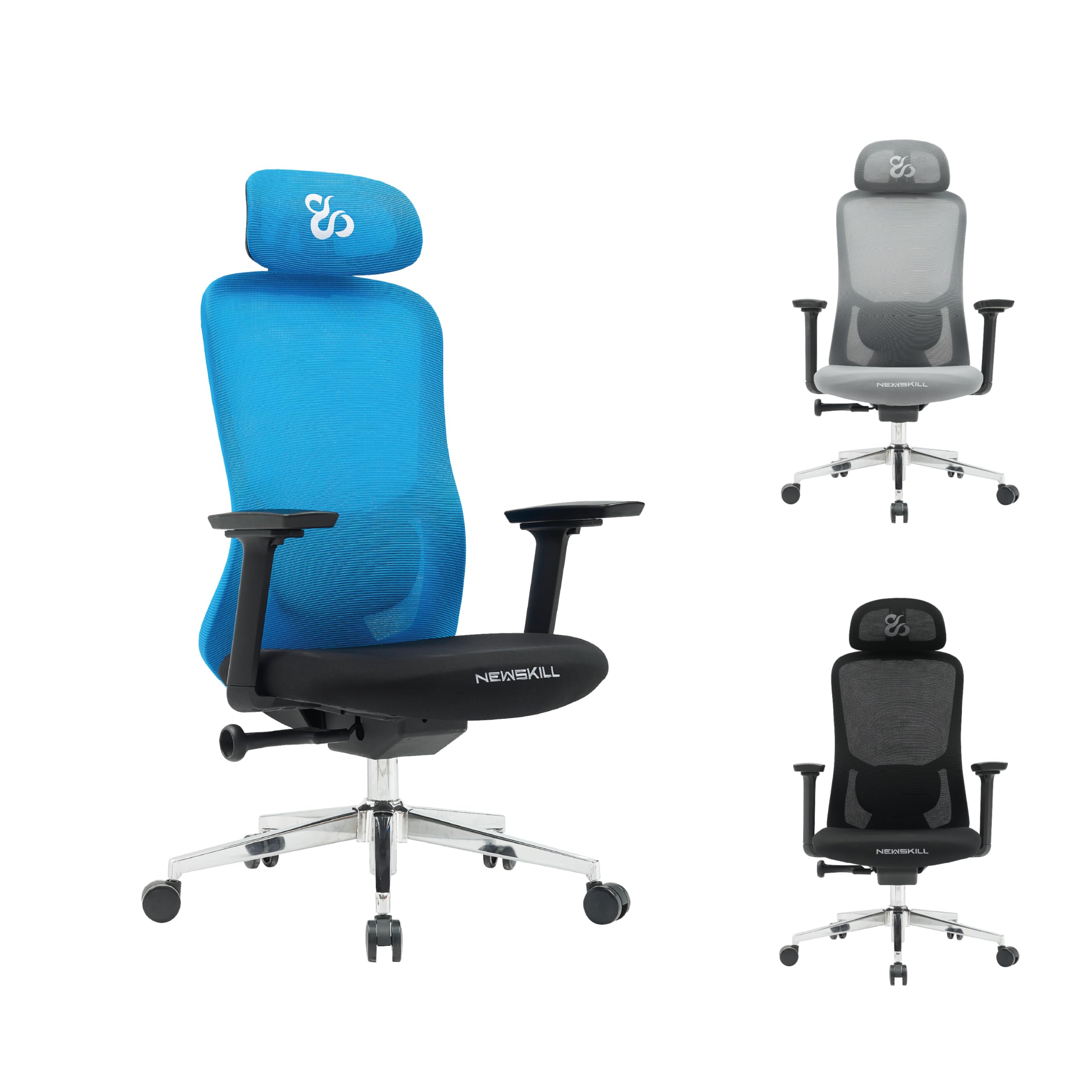 NEWSKILL NUE Ergonomic Chair with 3D Armrests, Chrome Metal Base and Breathable Mesh Back – Black-Blue