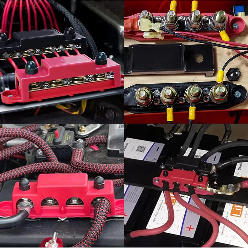2 Stück 12V-48V DC Sammelschienen Verteilerblock mit 4 x M8 Klemmenbolzen, 250A BusBar Box für Auto Marine Auto Anhänger Wohnmobil Boot (Schwarz Rot)