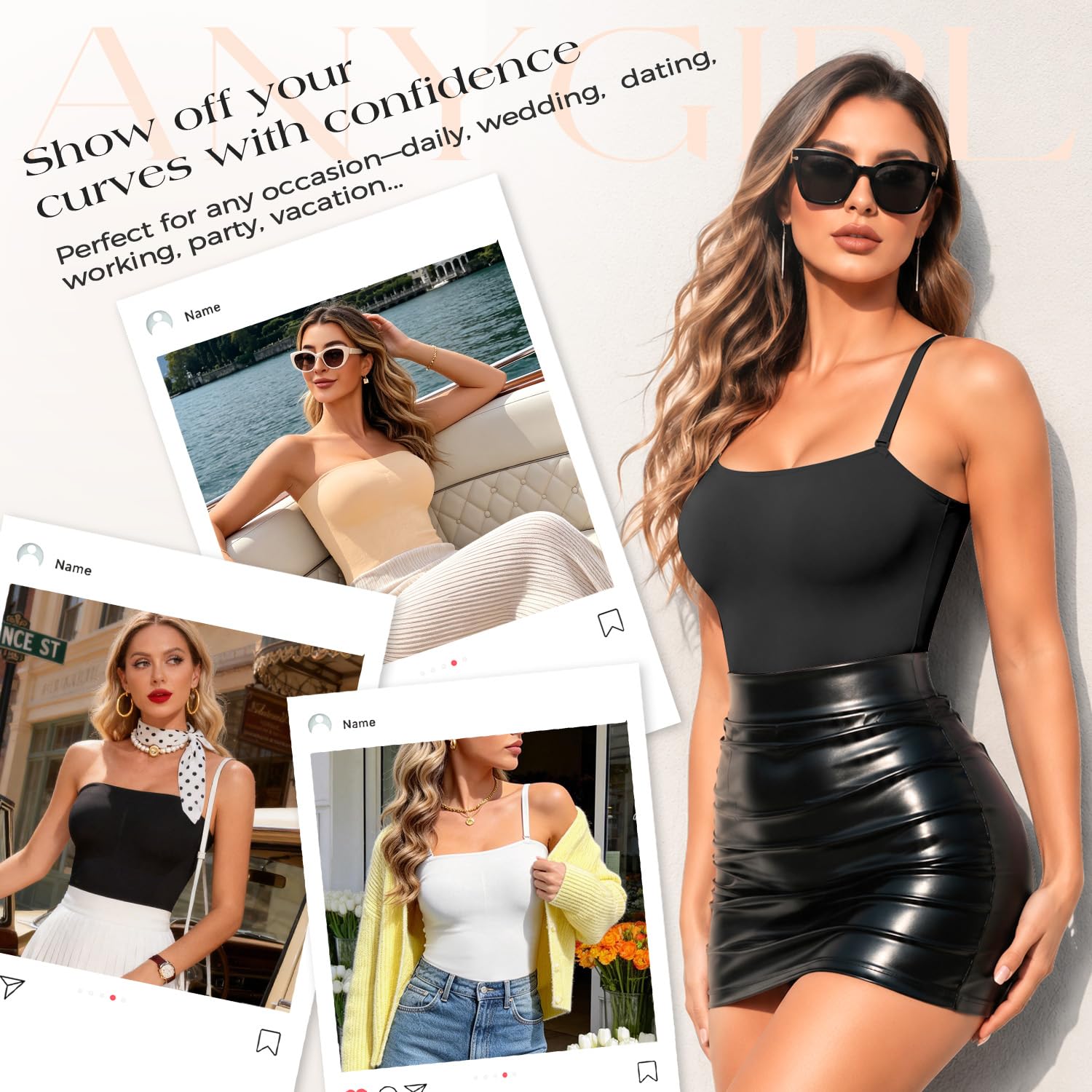 Anygirl Body gainant sans bretelles avec contrôle du ventre, sans couture, rehausseur de fessier, combinaison mi-cuisse