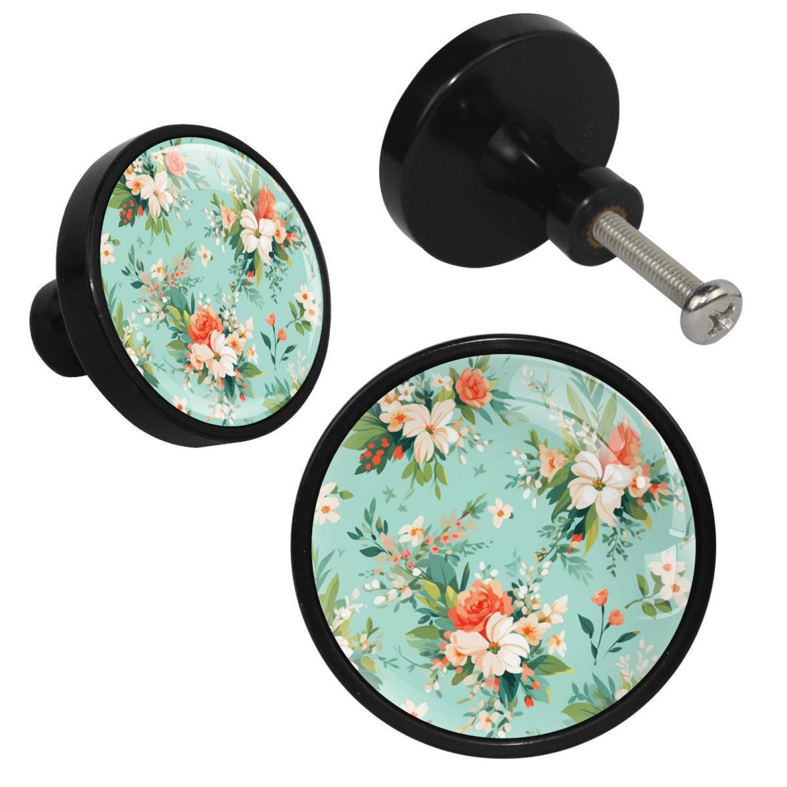 NUEAHEDN 4 Pieces Dresser Knobs for Drawer Aesthetic Art Flower Kitchen Cabinet Knobs Round Door Pull Handle for Home Nursery Furniture Cupboard