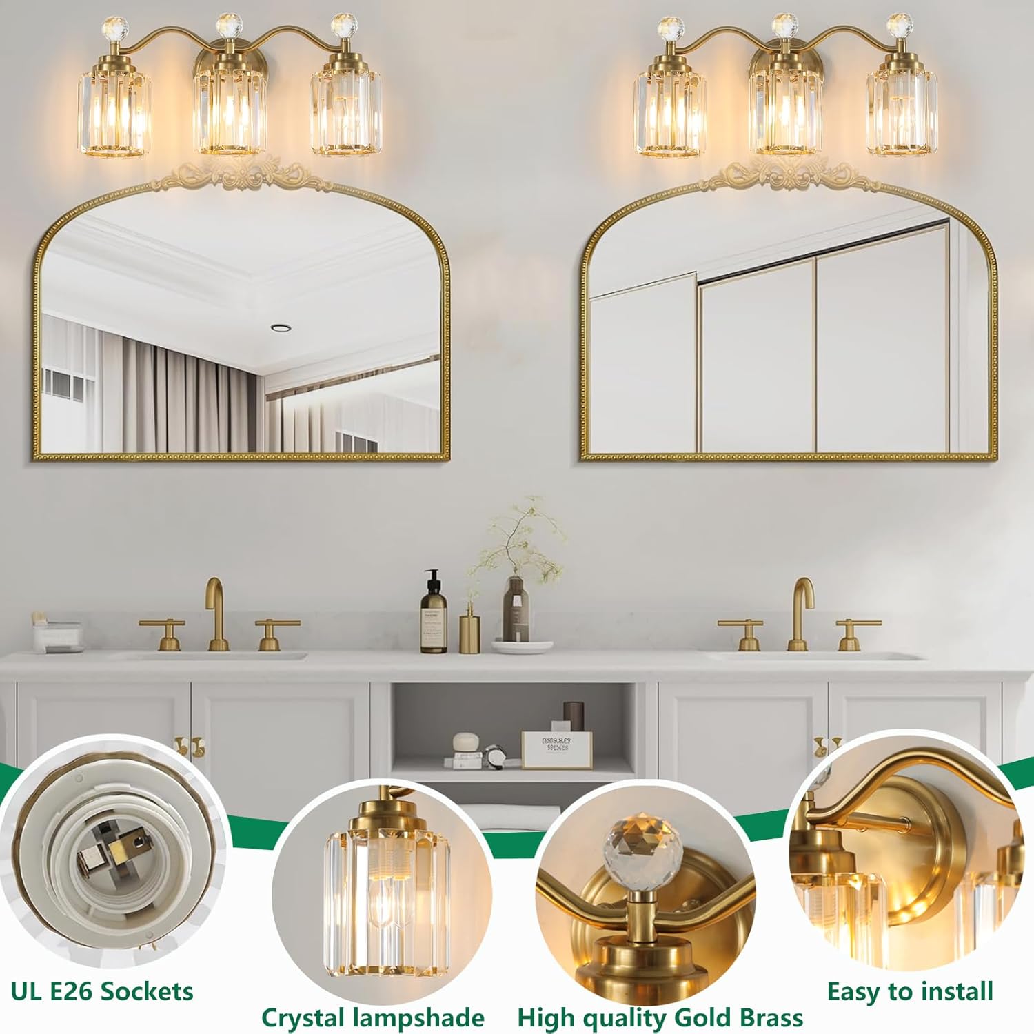 3 Light Gold Brass Vanity Light Fixture,Bathroom Light Fixture Over Mirror,Crystal Lampshade,Modern Luxury,E26 Base