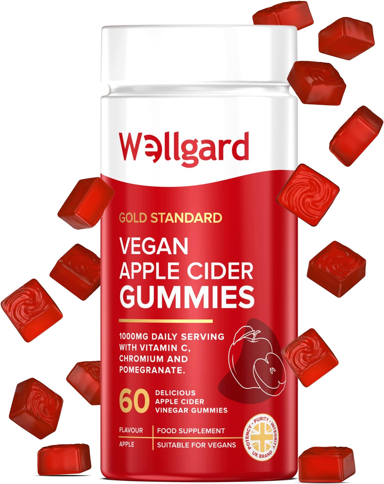 Vegan Apple Cider Vinegar Gummies, Gold Standard 1000mg ACV Gummies with Vitamin C, Chromium and Pomegranate, Non-GMO, Gluten-Free & Gelatine-Free