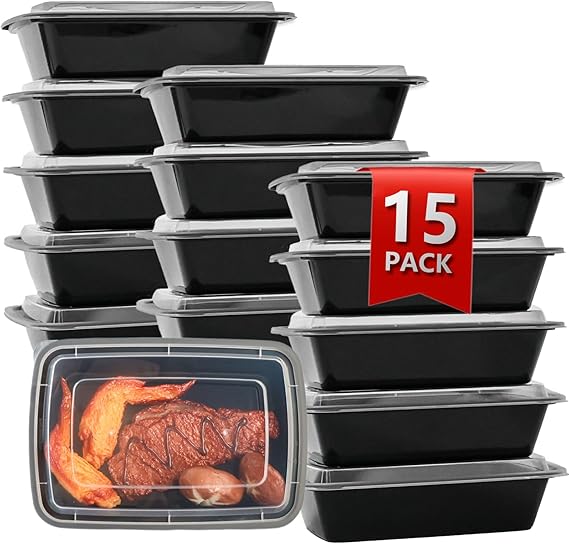 Meal Prep Containers Reusable 15 Pack-32 oz Food Storage Containers with Lids To Go Food Containers Takeout with 15 Forks, Microwave Dishwasher Freezer Safe, BPA Free, Plastic (Black)