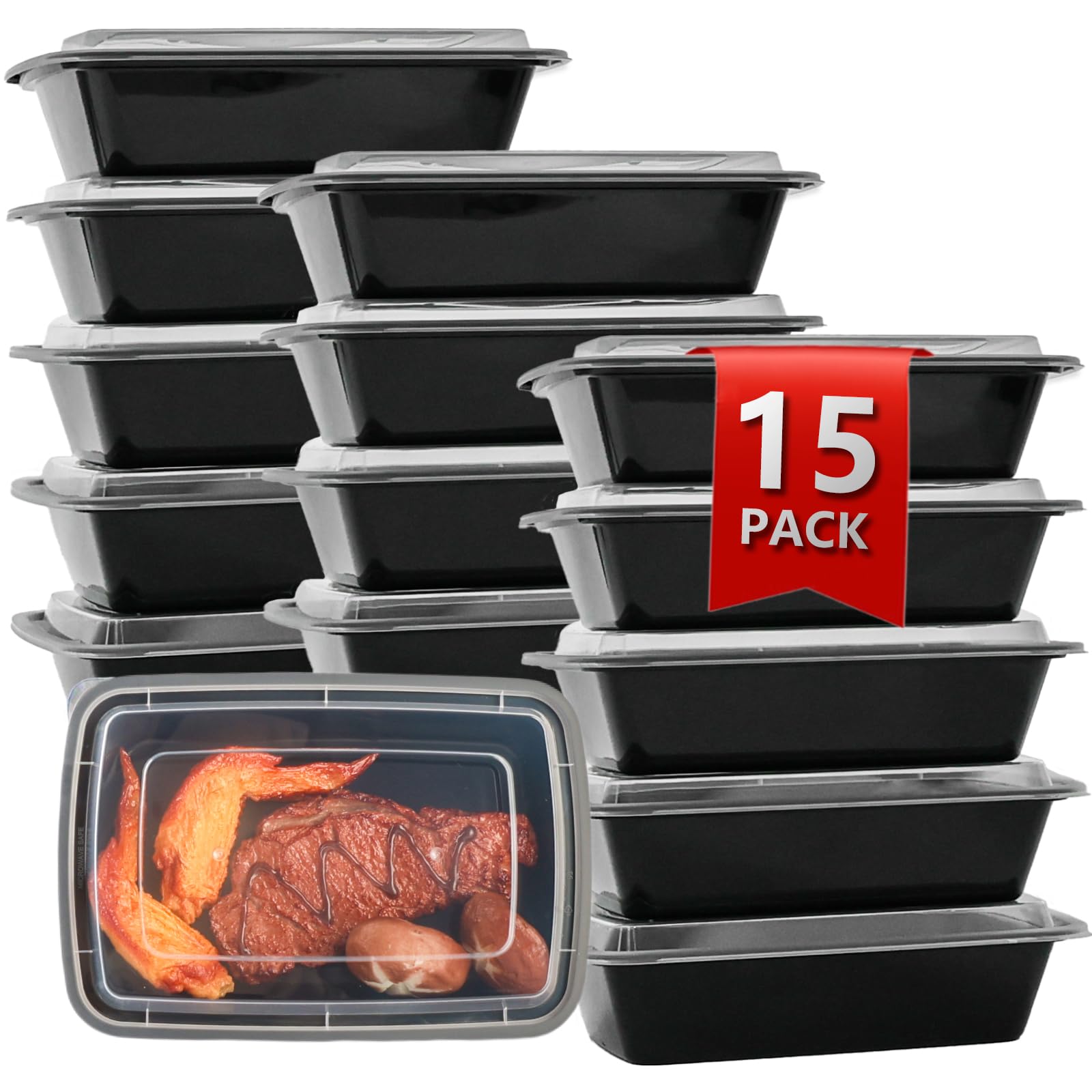 Recipientes reutilizables para preparación de comidas, paquete de 15 recipientes de almacenamiento de alimentos de 32 onzas con tapas para llevar, recipientes de comida para llevar con 15 tenedores,