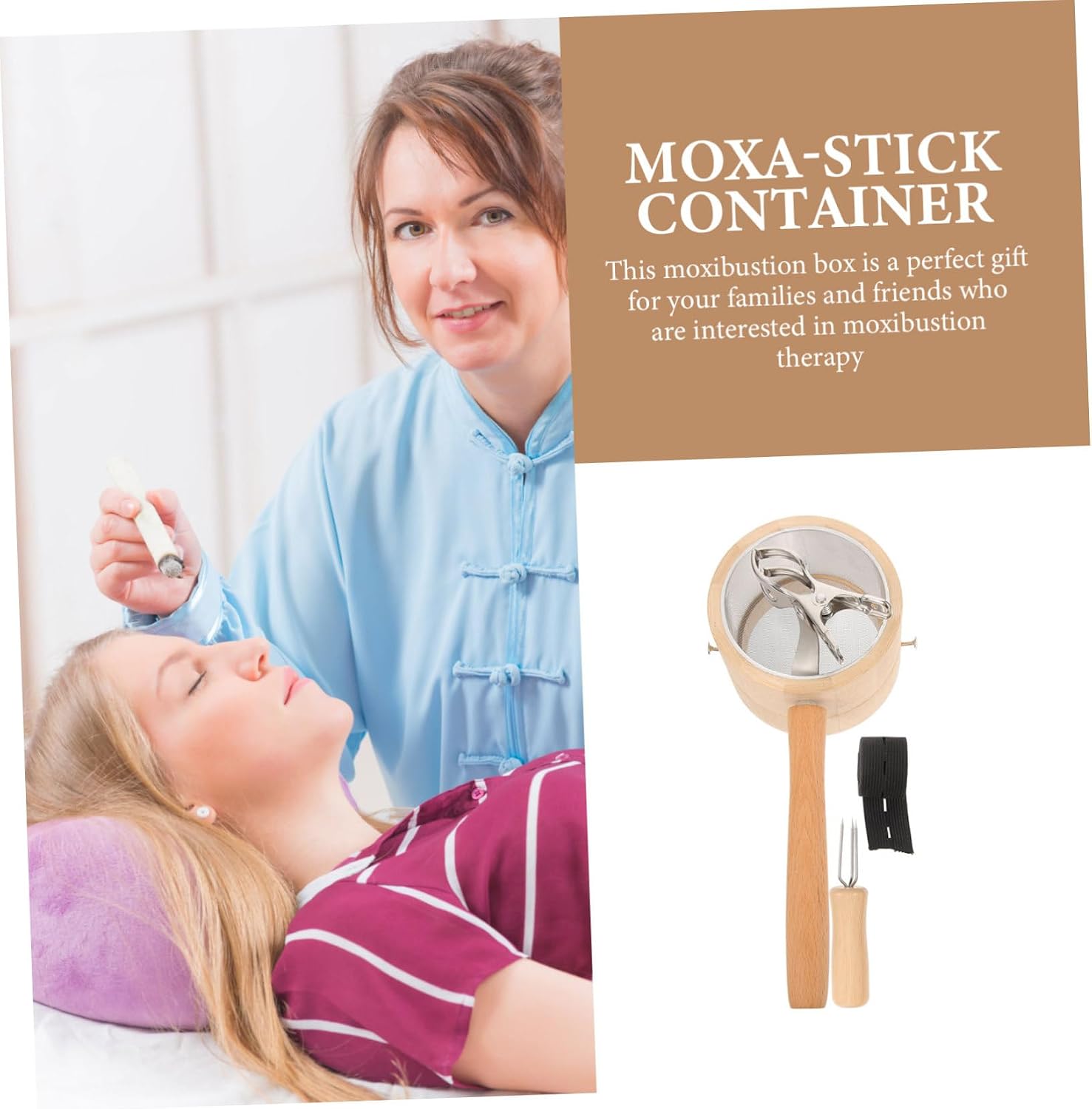 Handheld Moxibustion Box Wood Metal Elastic Band for Therapy