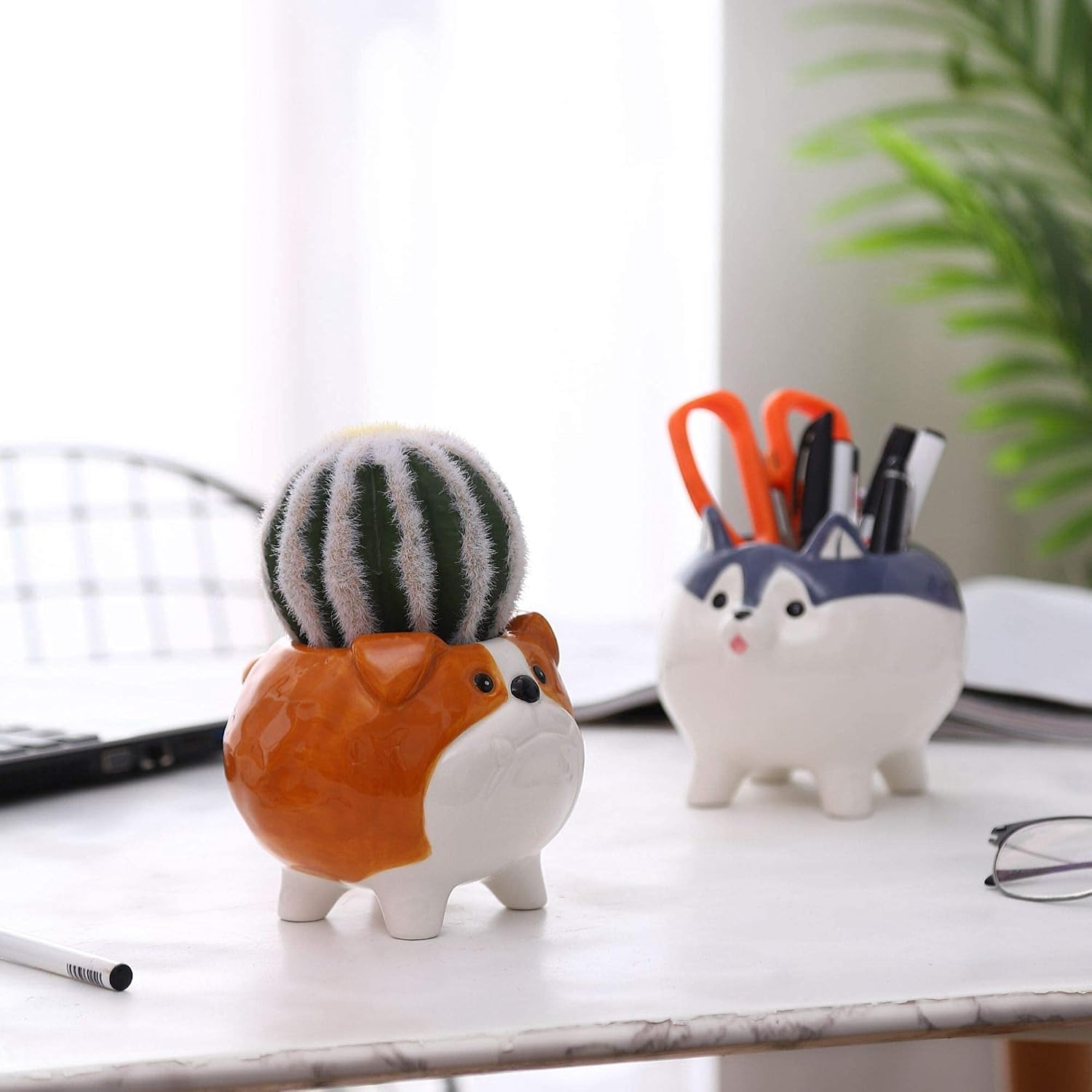 Succulent Pots with Drainage - Small Succulent Planter Handmade Ceramic Plant Pot Indoor - Mini Pots for Plants Flower Cactus Office Desk Decor Dog Lover Gifts for Women Husky Pomeranian Bulldog