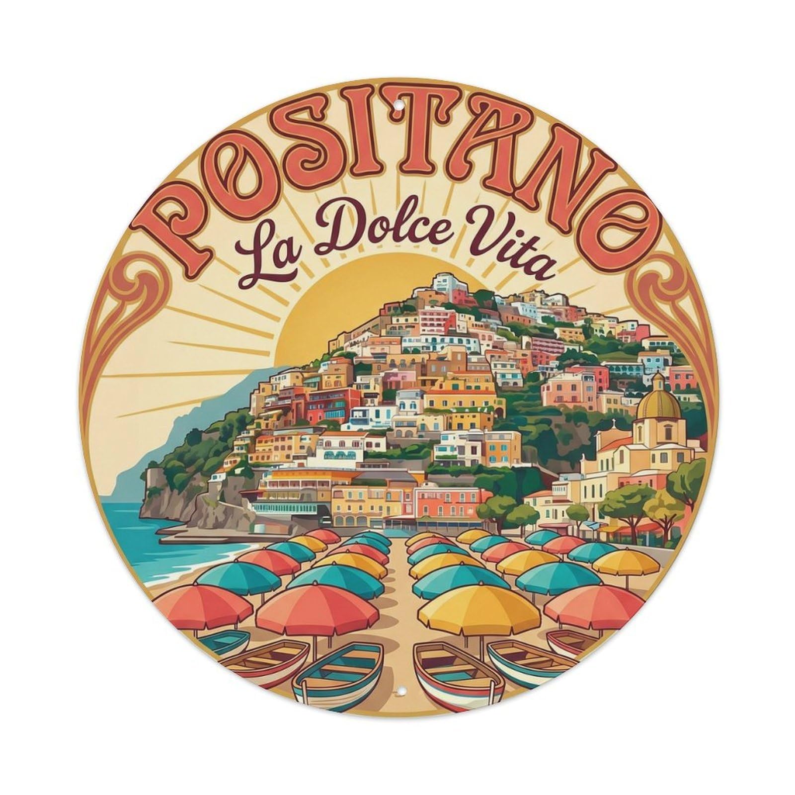 Coastal Italian City Resort Classic Destination Heritage Metal Tin Sign Plaque Wall Decor for Cafe, Man Cave, Club Bar, Office, Home Garden Round Metal Poster 8x8Inch