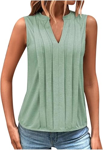 Womens Notch V Neck Tank Tops Sleeveless Pleated Front Shirt Dressy Casual Work Office Business Blouse Tops