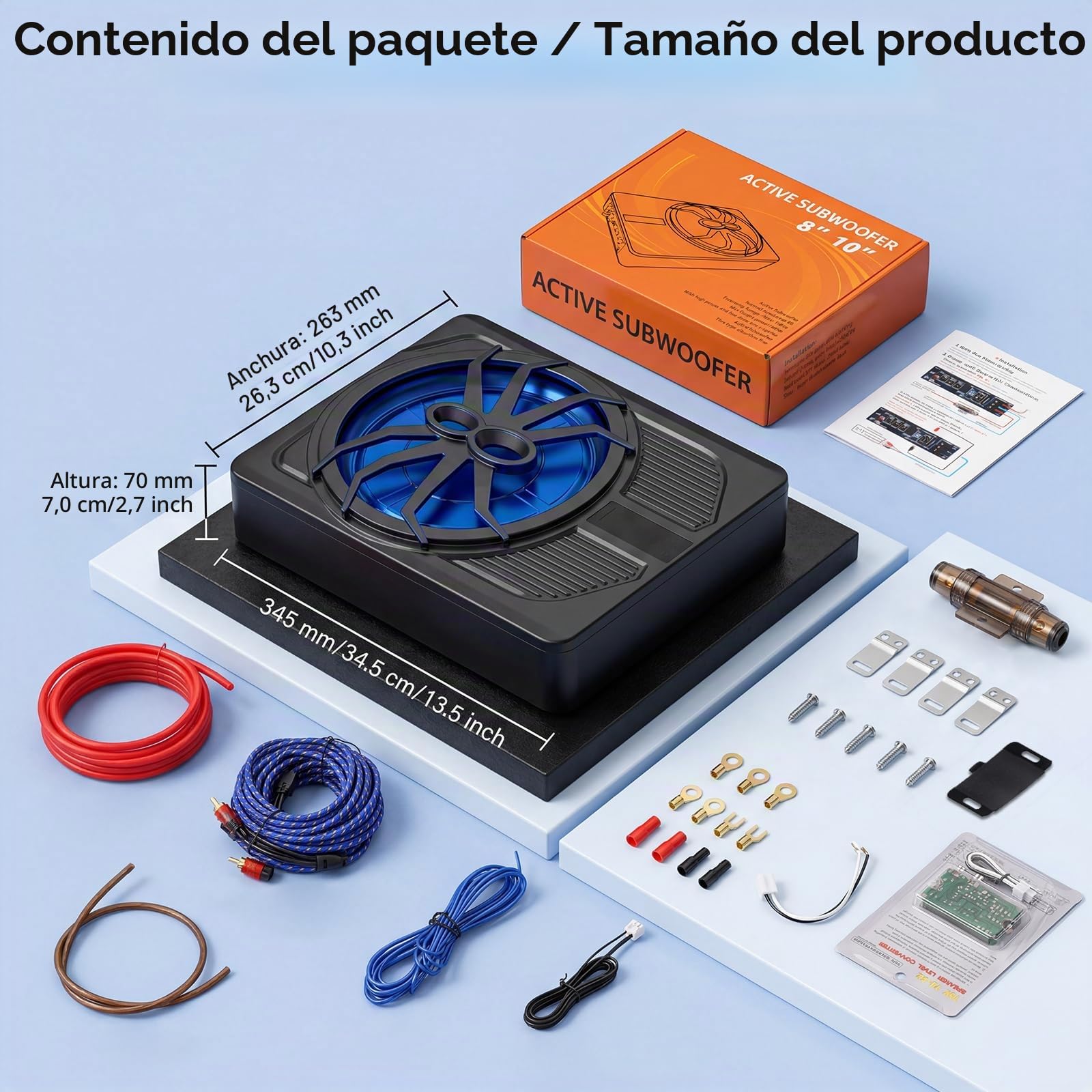 Hodozzy Subwoofer Activo Coche Ultrafino, 10 Pulgadas Subwoofer Autoamplificado Coche Debajo del Asiento con Amplificador, Entrada Bajo, Subwoofer Luz Ambiental Azul para SUV | Subwoofer Autoamplificado Coche Debajo del Asiento con Amplificador, Frecuenci
