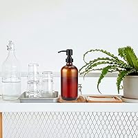 Vista 7 de AmazerBath Dispensador de jabón de vidrio ámbar, juego de 2 dispensadores de jabón con bomba de acero inoxidable, botella dispensadora de jabón