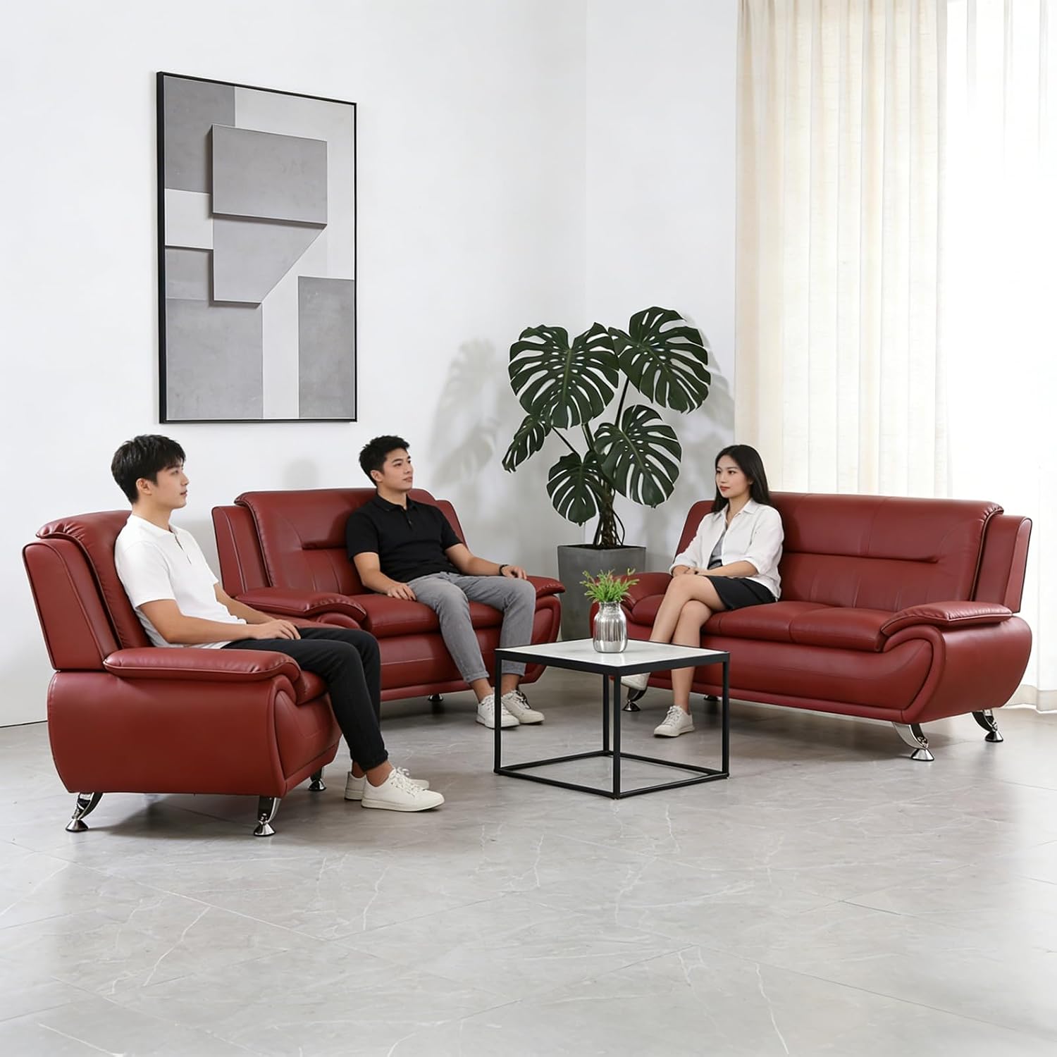 Leather Sectional Couch, Living Room Furniture, 3 - Piece Couch Set, Faux Leather Modern Sectional Sofa Loveseat Chair Set with Sturdy Legs for Living Room/Bedroom/Office,Red