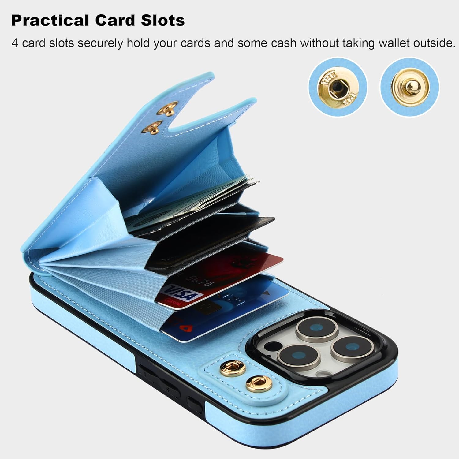 Folosu Compatible with iPhone 16 Pro Case Wallet with Card Holder, 360°Rotation Finger Ring Holder Kickstand, RFID Blocking Leather Protective Double Buttons Shockproof Cover 6.3 Inch Blue
