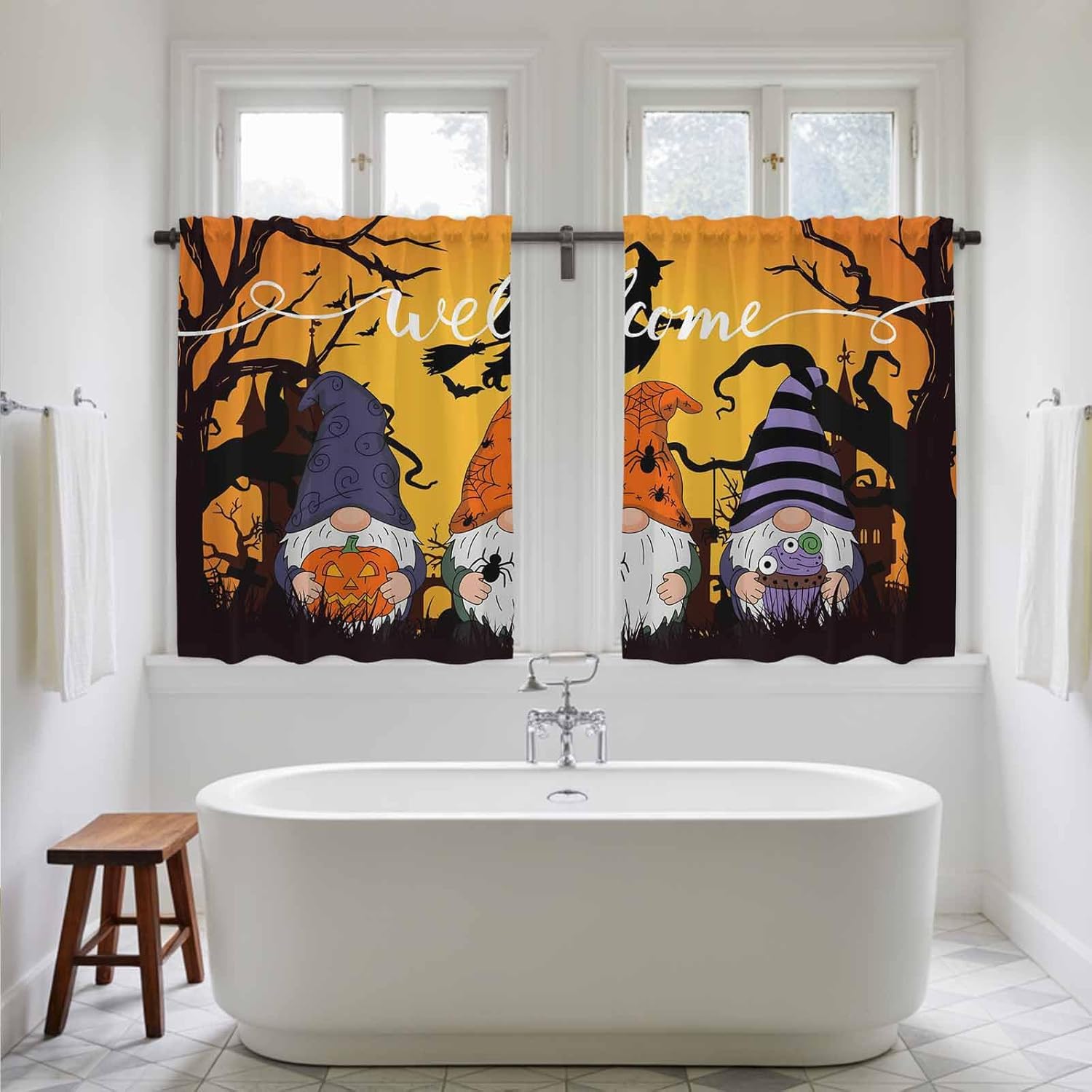 Orange Halloween Kitchen Curtains 45 Inch Long 2 Panel Set, Rod Pocket Window Treatment, Gnomes Scary Pumpkin Bat Black Tree Light Filtering Panels Short Drapes for Bathroom Camper 42"W x 45"L