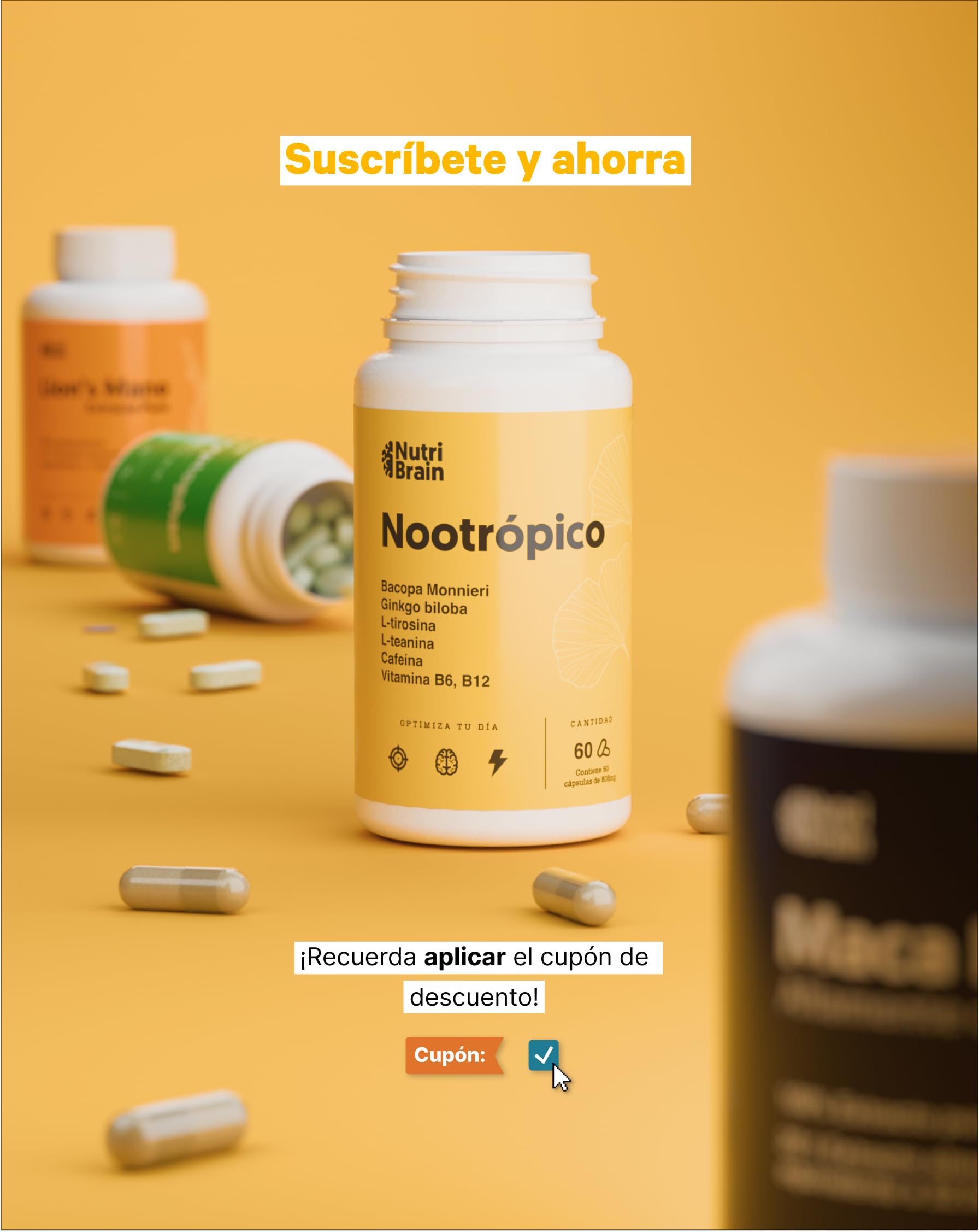 Nootrópico Natural Envase XL 60 Cápsulas | Fórmula para incrementar la energía, concentración y agilidad mental | Cafeína, Ginko Biloba, Tirosina, Teanina, Bacopa Monnieri y Vitaminas