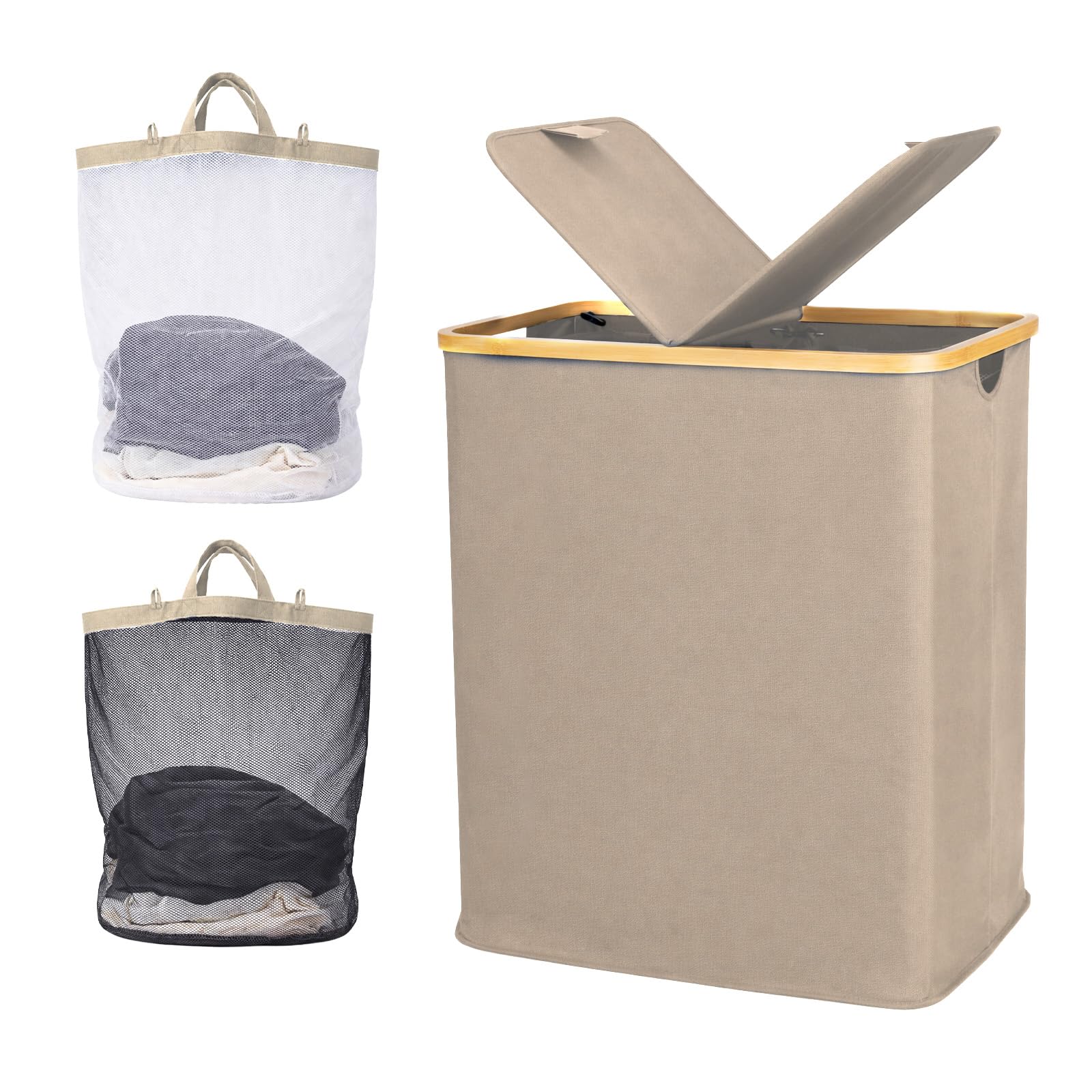 LN COZY CORNER 140L Laundry Basket with Lid, Large Double Laundry Hamper with 2 Removable Bags, Foldable Laundry Basket with Lid for Clothes Storage, Laundry Organisation & Bedroom Storage (Brown)