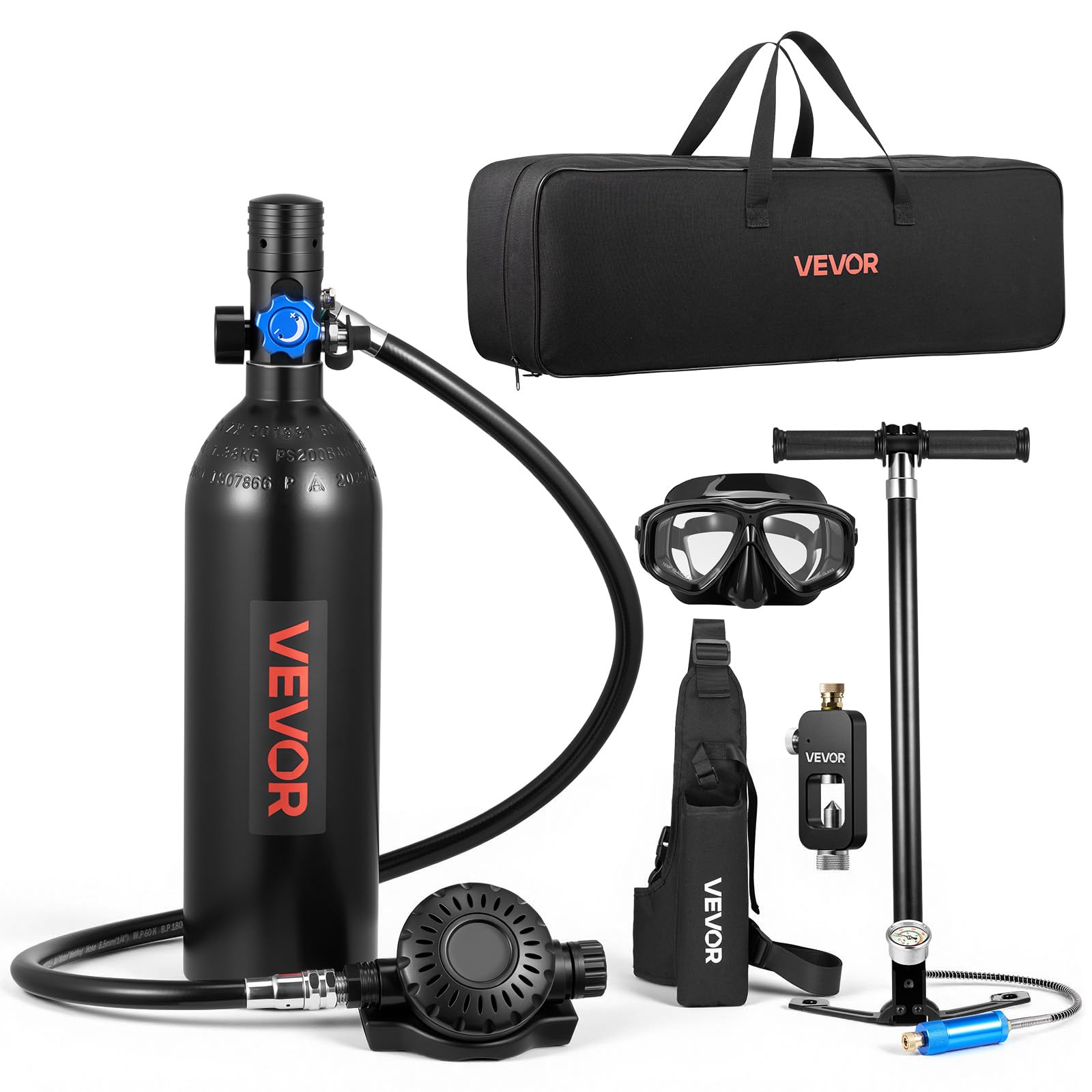 VEVOR Mini Botella de Buceo de 1 L, Juego de Tanque de Buceo Portátil, Capacidad de 15 a 20 Minutos, Gafas de Snorkel Adaptador Bomba Manual Mochila y Bolsa de Transporte, para Viajes Bucear Rescate