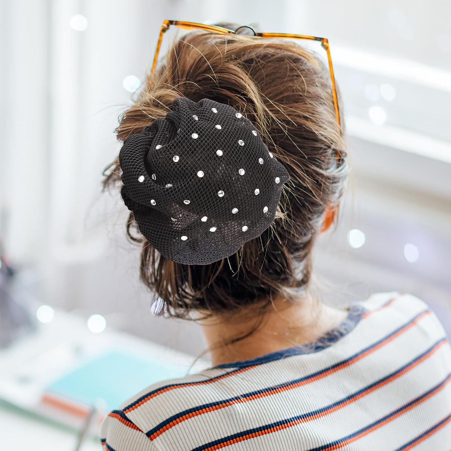 6pcs Rhinestone Hair Bun Cover Decorative Black Polyester Net | Elastic Fit, Chic Elegant Styling, Women and Nurse Hair Accessory for Bun and Crown Shaping