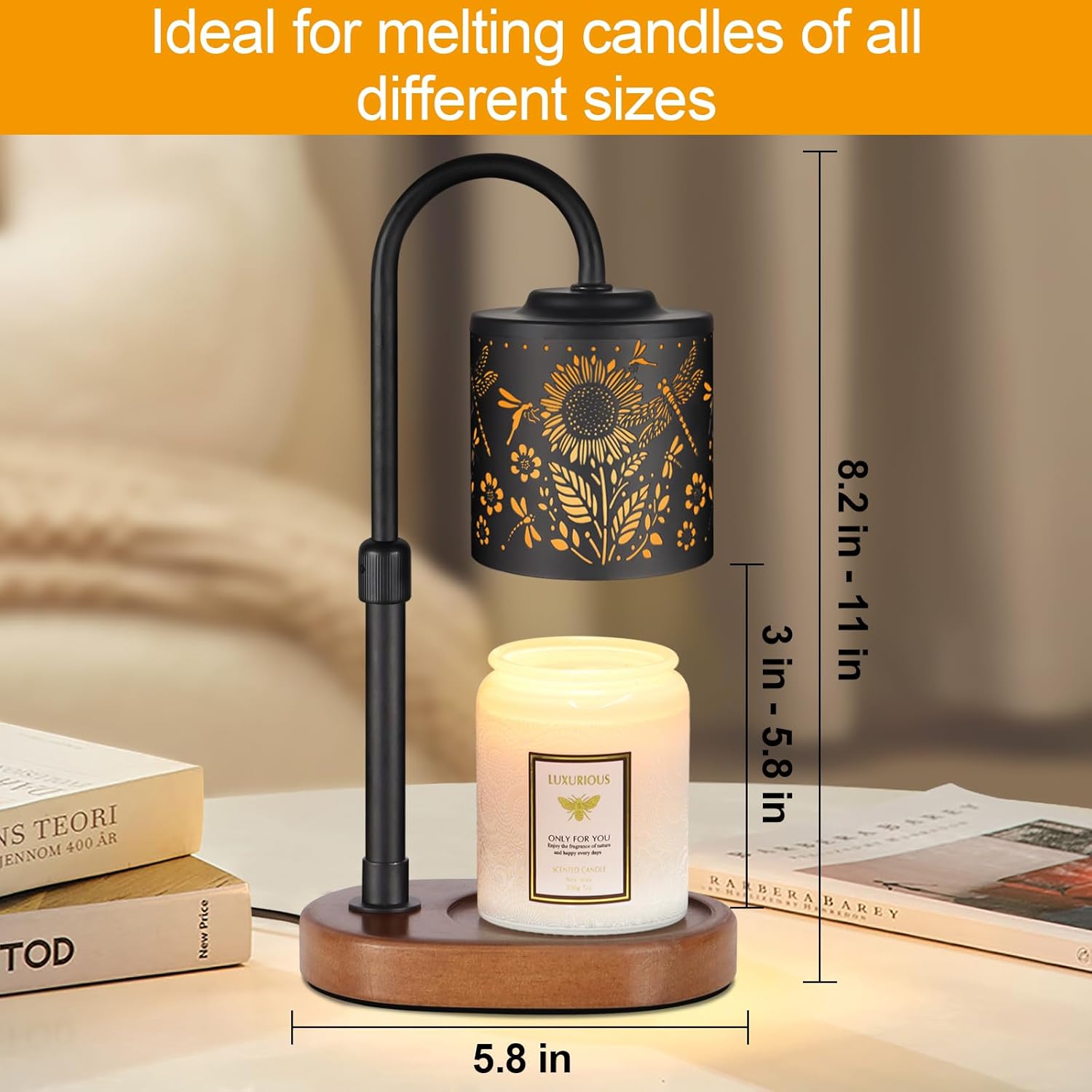 Dimmable Candle Warmer Lamp with Timer Adjustable Height for Scented Jar Candles Electric Candle Wax Melt Warmer for Home Decor Christmas Birthday Gifts for Women Mom(Sunflower+Dragonfly) - Image 4