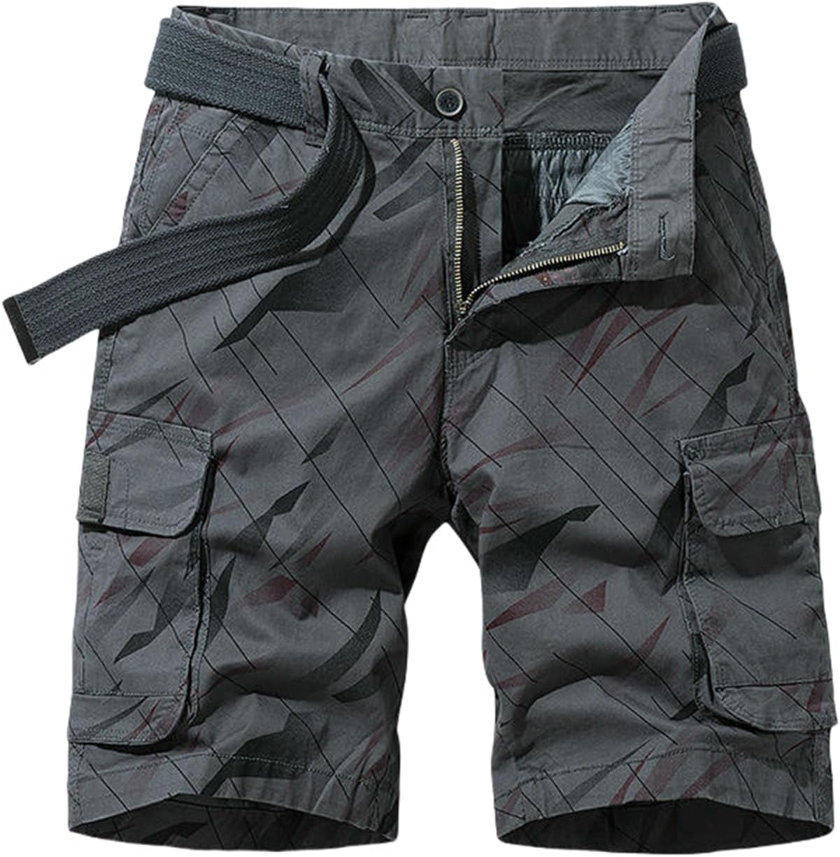 Men's Elastic Printed Workwear Multi-Pocket Cotton Thin Five-Pocket Elastic Waist Buckle Webbing Casual Shorts