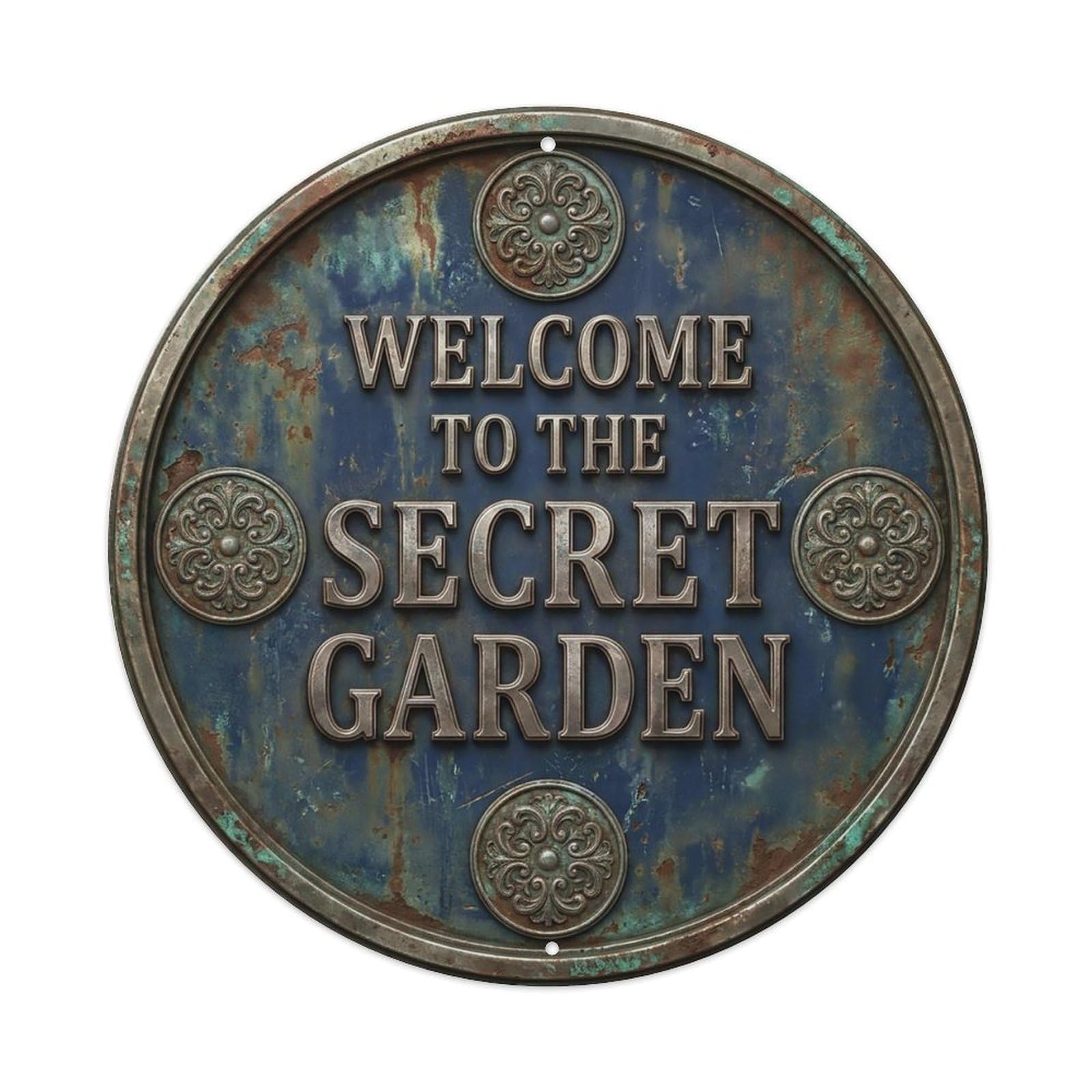 Vintage Welcome Secret Garden Pewter Navy Medallion Metal Tin Sign