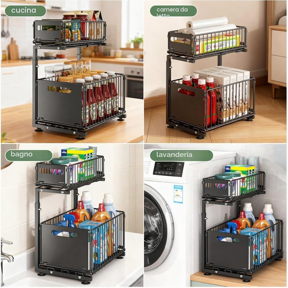 Organizer Sottolavello Cucina Salvaspazio, Ripiano Scorrevole Estraibile, Scaffale Cucina con Cestello Estraibile, Portaspezie Salvaspazio in Metallo, Organizzatore Lavandino Multiuso - Nero