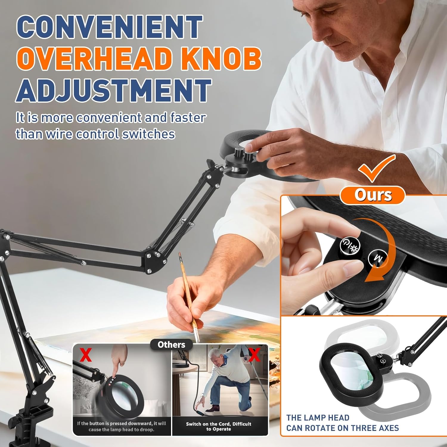 KIRKAS 12X Magnifying Glass with Light Three-axis Rotation, Extra-Long Arm Magnifying Lamp for Workbench Craft Repair Sewing, LED Lighted Magnifier Real Glass Lens Overhead Stepless Dimming and Color