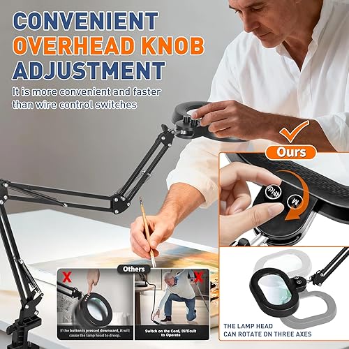 Miniatura 3 de KIRKAS Lupa de 12X con luz, rotación de tres ejes, lupa de brazo extra largo para banco de trabajo, reparación de manualidades, costura, lupa con