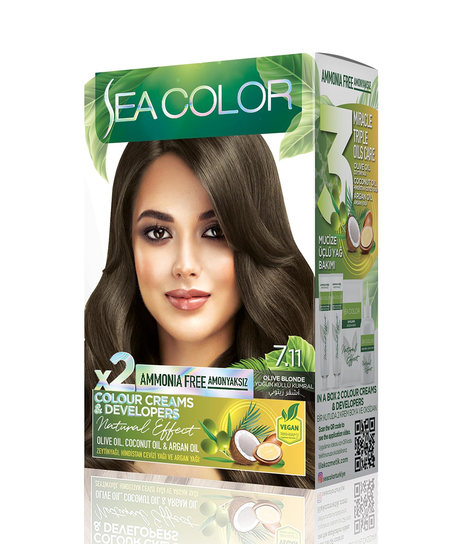 SEA COLOR Amonyaksız, Vegan, Doğal, Besleyici Kalıcı Saç Boyası%100 Beyaz Kapama (1 PAKET 2 x 50 ml Boya & OKSİDAN) (Yoğun Küllü Kumral 7.11)