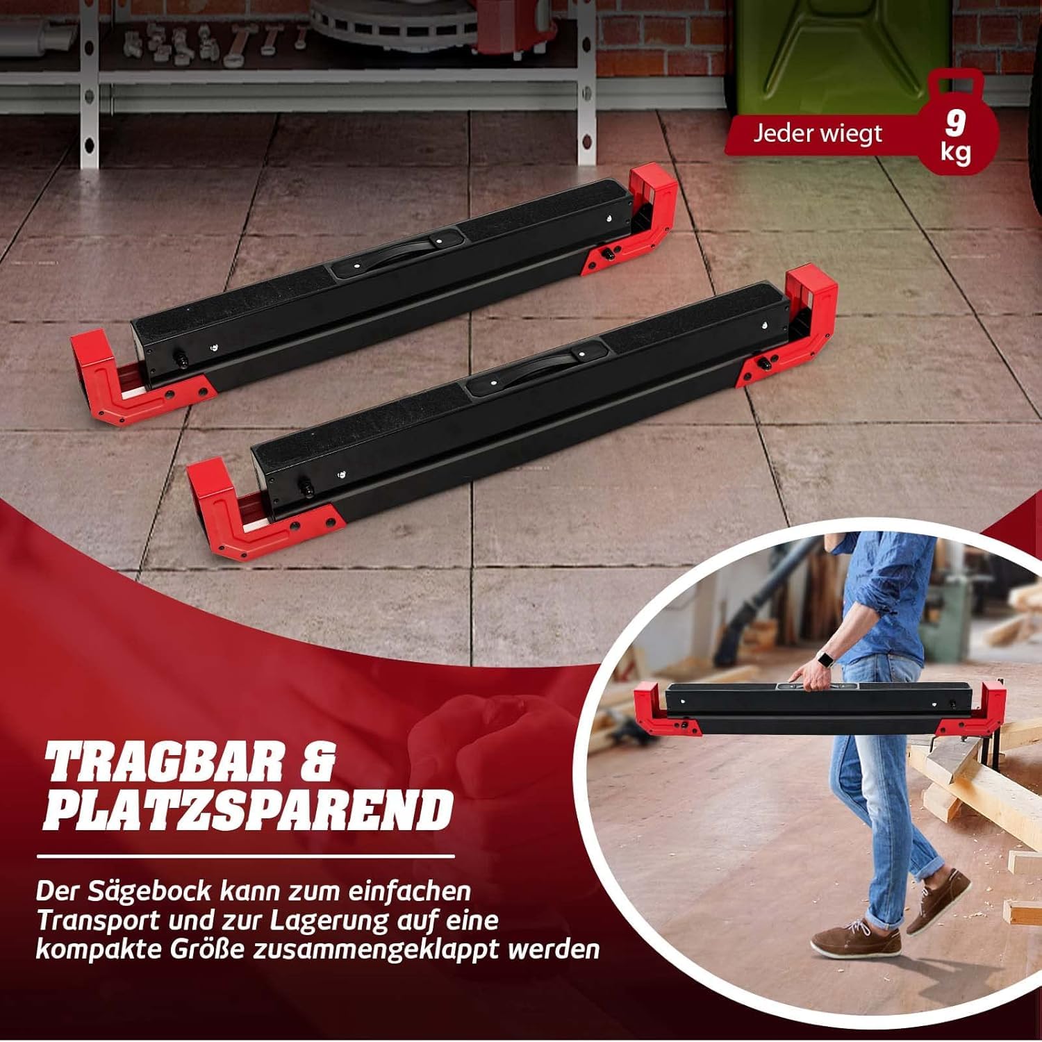 FANTASK 2er-Set Arbeitsbock höhenverstellbar bis 1180 kg belastbar mit Griff, Klappbarer Sägebock Rutschfeste PVC-Oberseite, Rot+Schwarz Tragbarer Unterstellbock
