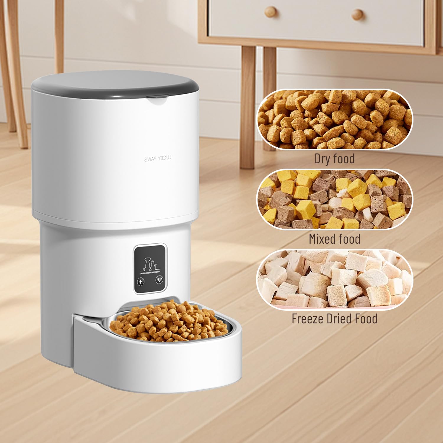 Dispensador Automático de Comida para Gatos y Perros 4L, Programable 1-6 Raciones al Día, Comedero Inteligente con Temporizador, Tolva de Gran Capacidad y Cuenco de Acero Inoxidable (Blanco- WiFi- 4L)