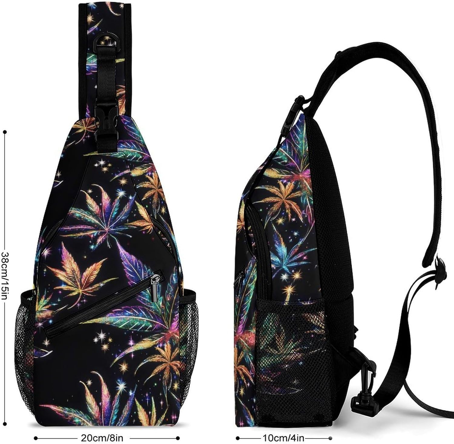 Colorful Weed Leaves Men Crossbody Sling Backpack Chest Bag | Travel Fanny Pack,Hiking Daypack,Print Shoulder Bags