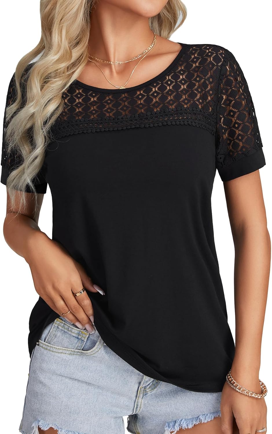 Rooscier Women's Lace Hollow Out Cut Out Round Neck Short Sleeve Dressy Casual Tunic Shirt Tops - Image 3