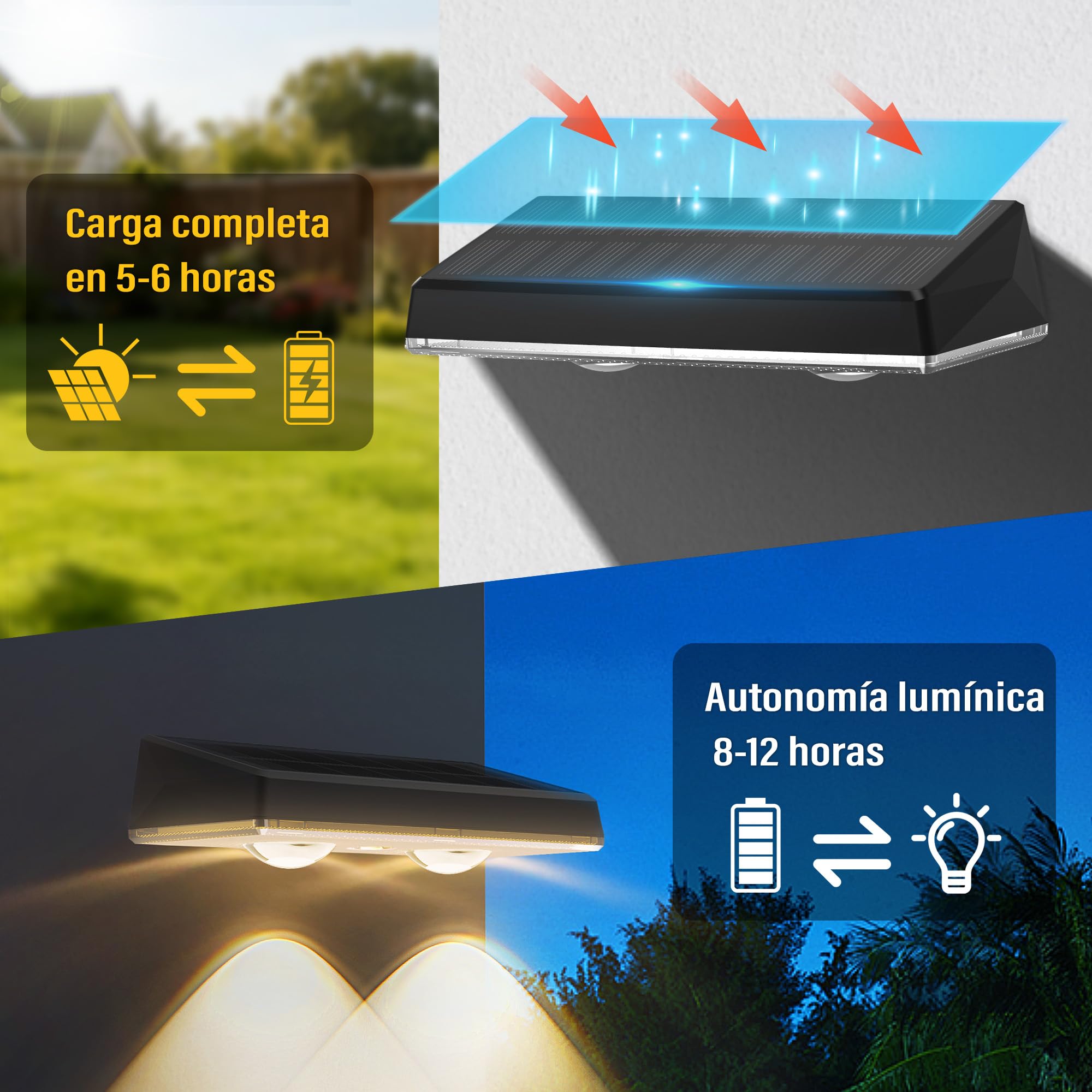 Aplique Pared Exterior - Paquete de 16 Luces Solares Impermeables con 3 Modos de Color y 10h Iluminación Automática, Luz Solar para Jardín, Terraza, Patio