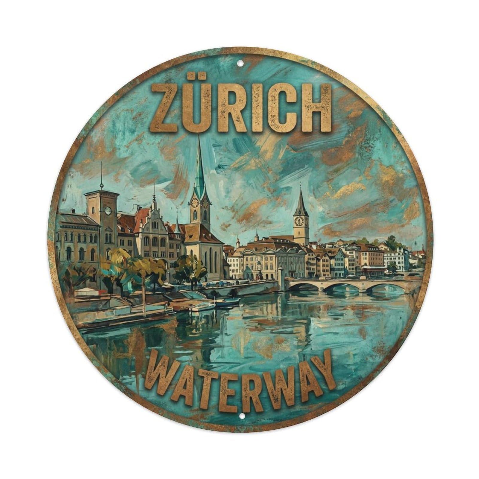Vintage Travel Zurich Switzerland Riverside Vintage Metal Tin Sign Plaque Wall Decor for Cafe, Club Bar, Office, Garden Metal Poster 8x8Inch