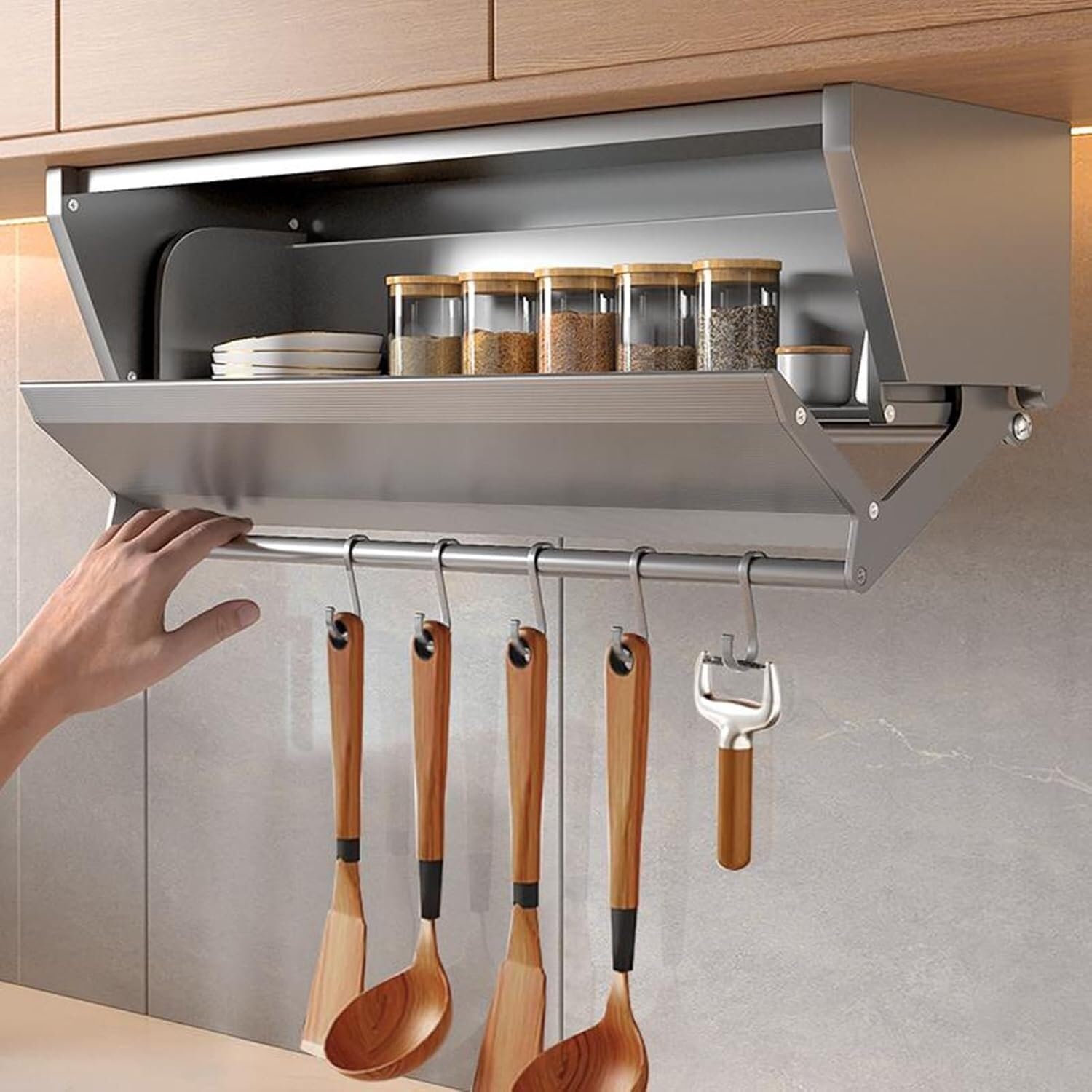 OLSKFUH 2 Tier Pull Out Cabinet Organiser Lift And Fold Basket Drop Down Shelf Blind Pull Out Dish And Spice Shelf System Kitchen Tall Cabinet Shelves,