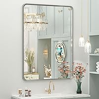 Vista 22 de OKPAL 16x24 Espejo de baño de bronce, espejo de marco de bronce rectangular redondeado, espejo de tocador de baño de bronce cepillado para montar