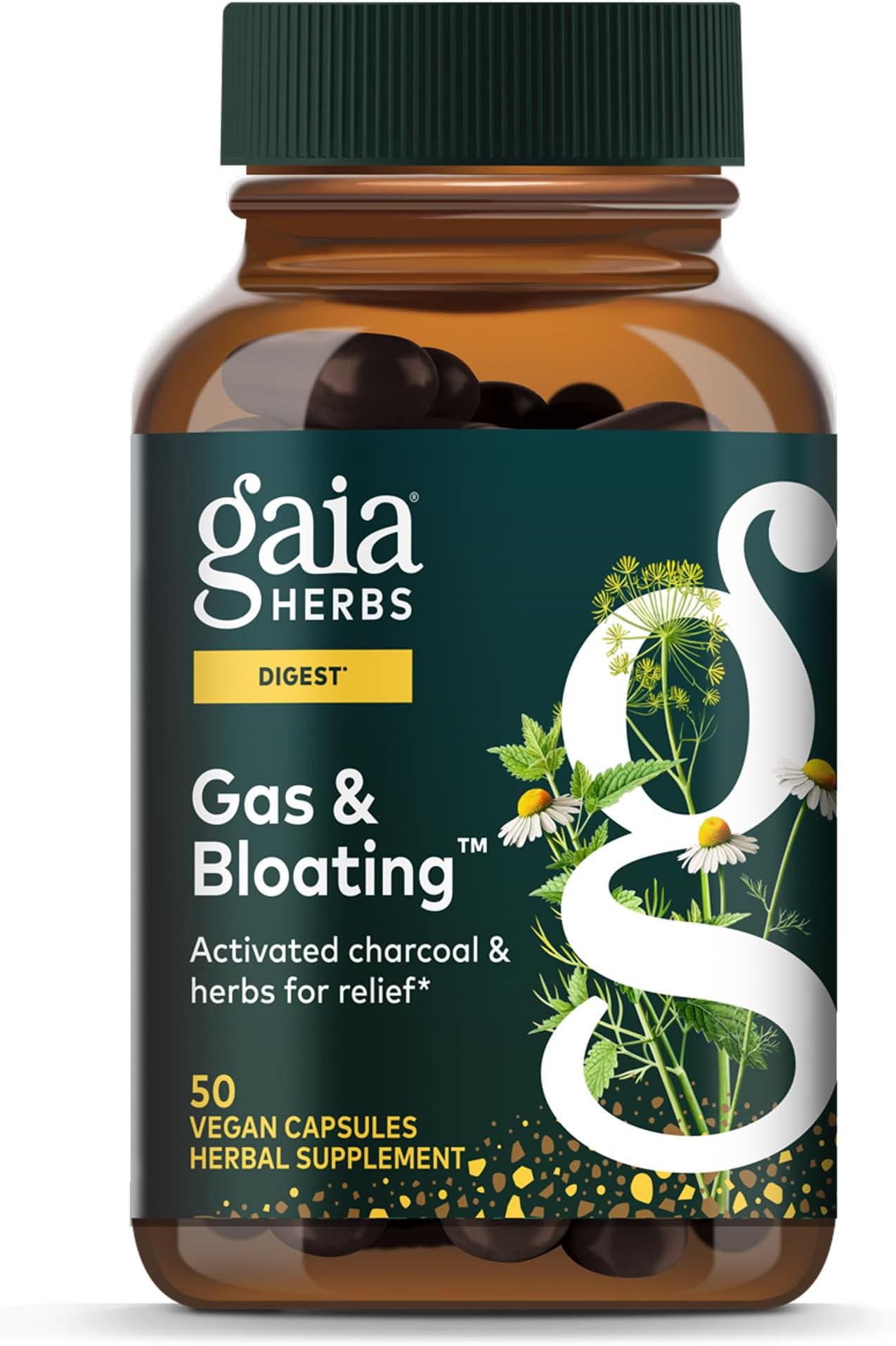 Gaia Herbs Gas & Bloating - Provides Relief from Occasional Gas & Bloating* - with Activated Charcoal, Fennel & Chamomile - 50 Vegan Capsules (25 Servings)