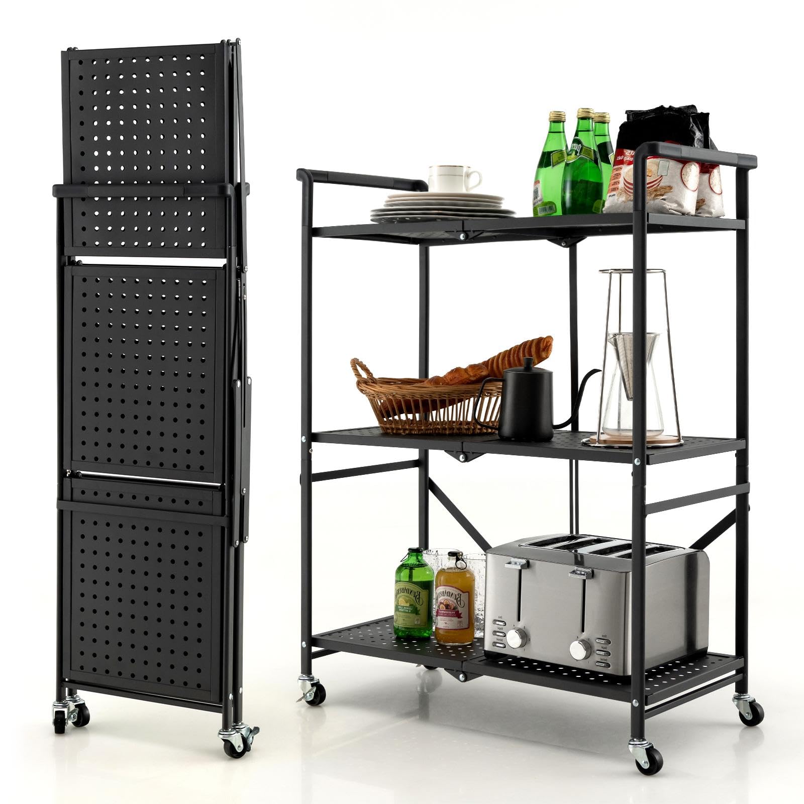 HOMASIS Carro plegable de cocina con 3 niveles, carrito de cocina con 4 ruedas, incluye 2 frenos, carrito de almacenamiento para ahorrar espacio, estantería de metal, estante de cocina, carrito