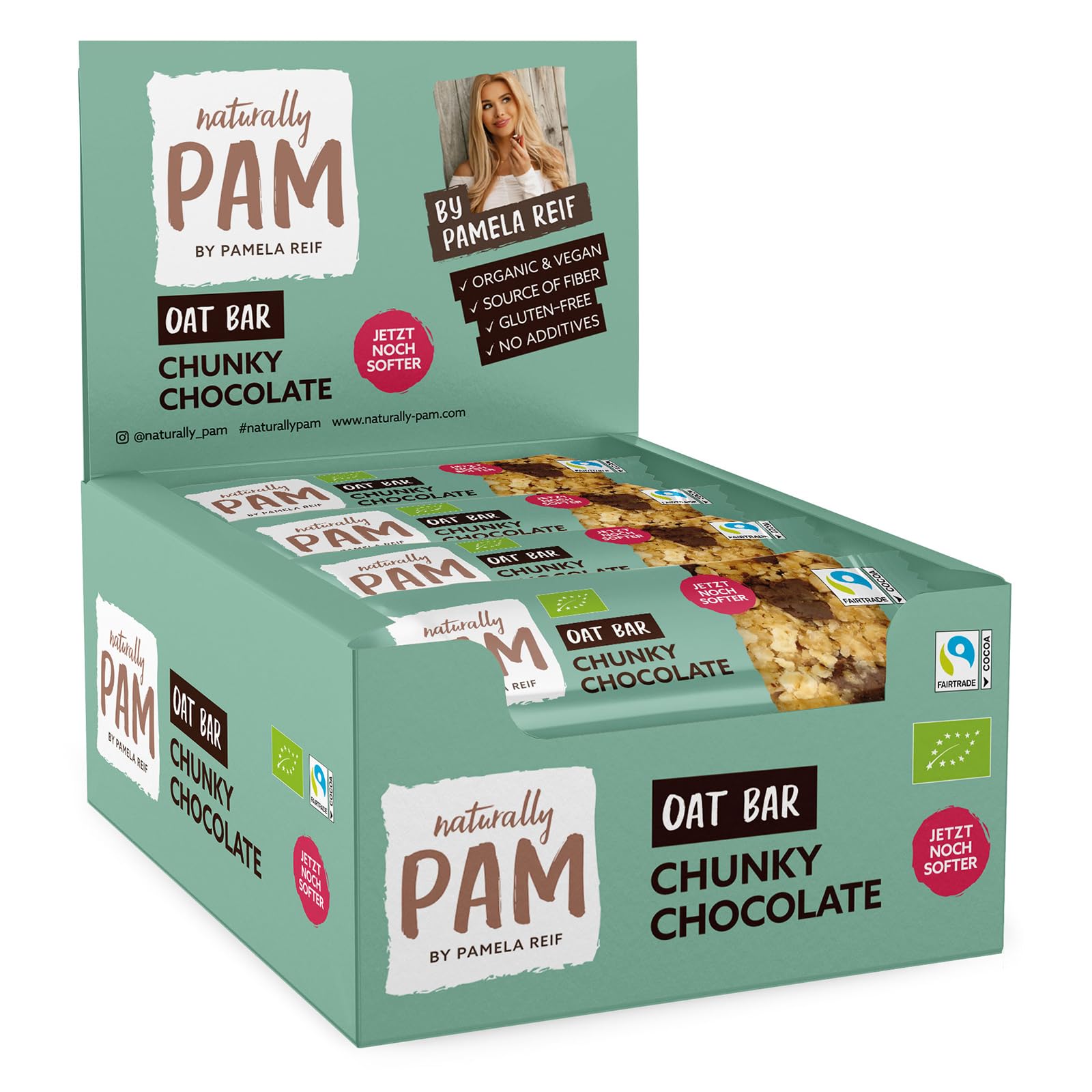 Naturally Pam Oat Bar – Bio & veganer Haferriegel, glutenfrei & ohne Rohrzucker – Natürlich leckerer Müsliriegel-Snack von Pamela Reif - Chunky Chocolate 12x40g