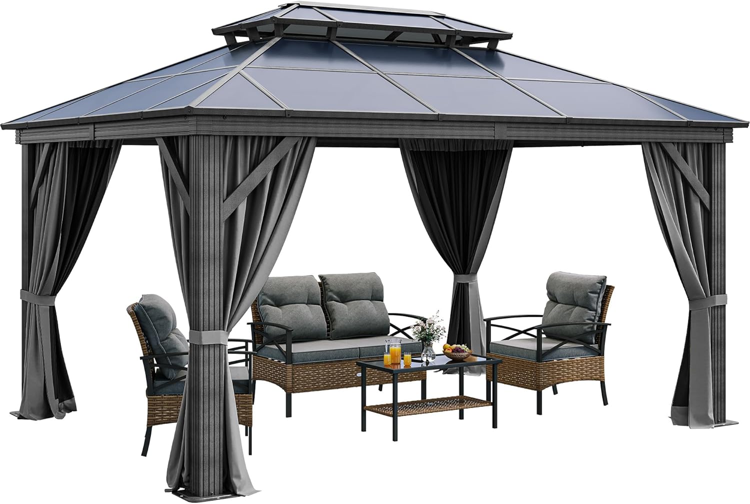 YITAHOME 10X12FT Polycarbonate Gazebo Outdoor Patio Double Top Canopy Galvanized Iron Metal Column Garden Tent Curtains Netting for Backyards Decks Lawns,Gray