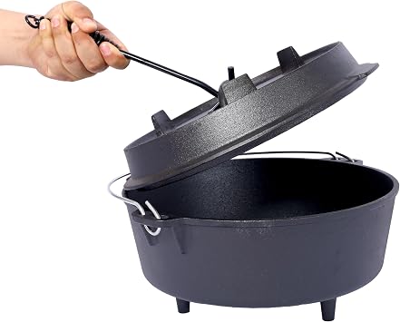 12 Quart Pre-Seasoned Cast Iron Dutch Oven with Skillet Lid, Outdoor Camping Deep Pot with Leg Base for Fireplace Cooking, BBQ, Baking, Campfire 12 Quart