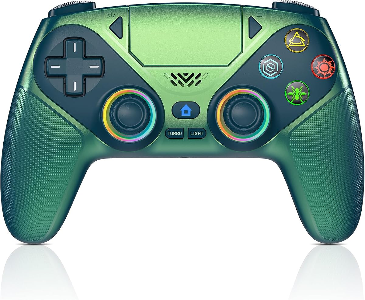 Controlador inalámbrico Gamrombo LED para PS5, compatible con PS5 Pro/Slim/PC, doble vibración, función macro/turbo, conector de audio de 3,5 mm, control de movimiento de 6 ejes con altavoz - Chromatic Teal
