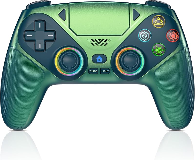 Controlador inalámbrico Gamrombo LED para PS5, compatible con PS5 Pro/Slim/PC, doble vibración, función macro/turbo, conector de audio de 3,5 mm, control de movimiento de 6 ejes con parlante - Chromatic Teal