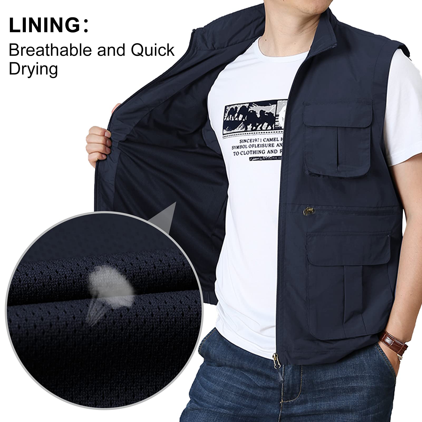 Panegy Casual Gilet de Pêche Homme Veste Reporter Zippé Poche à Rabat Manteau Sans Manches Séchage Rapide Gilet Chasse Randonnée Travail Quotidien Photographe Outdoor