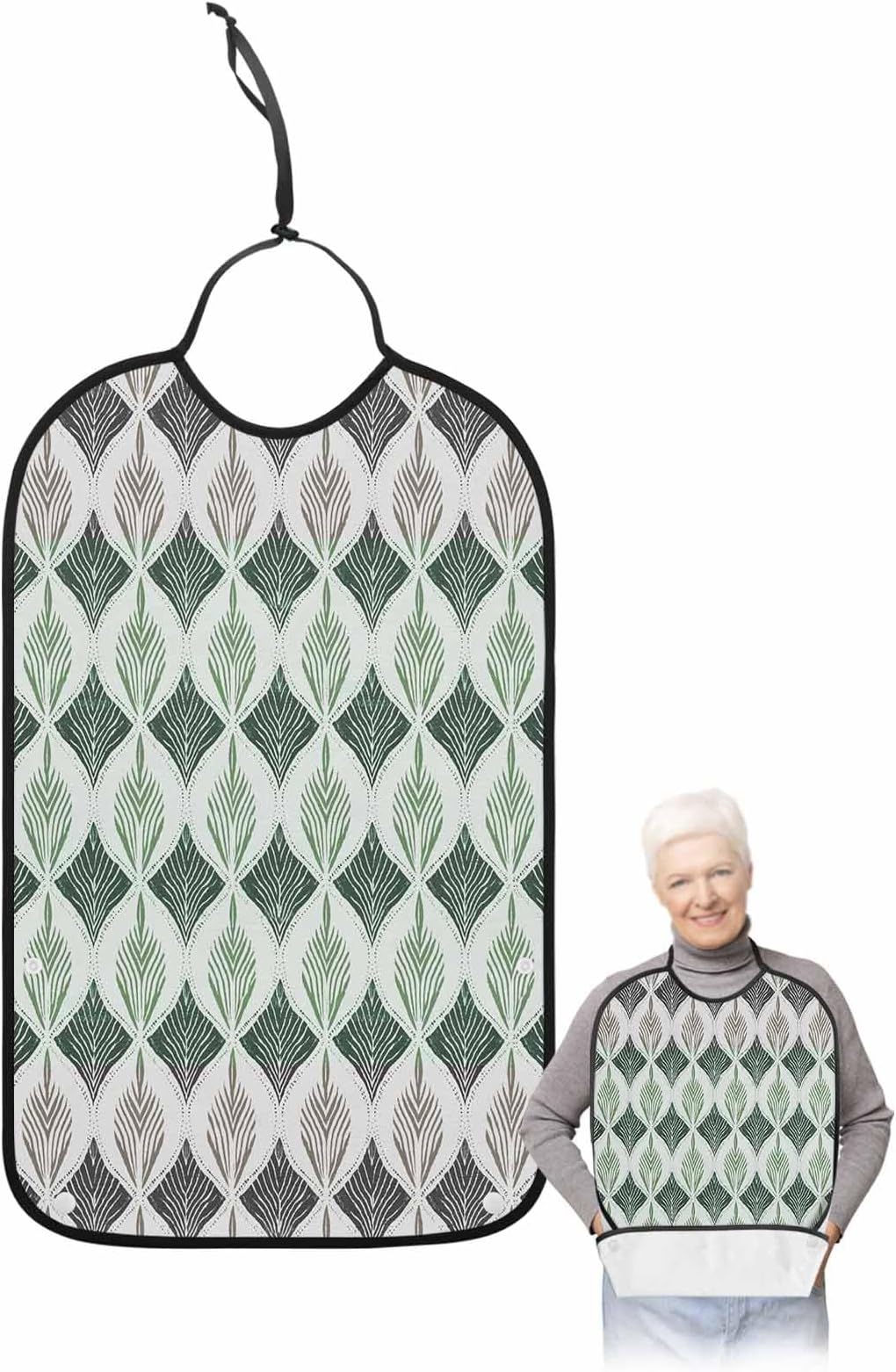 Adult Bibs for Eating, Green Geo Leaves Pattern Washable Elderly Adult Bibs for Men Women Large Reusable Adjustable Clothing Protector with Optional Crumb Catcher
