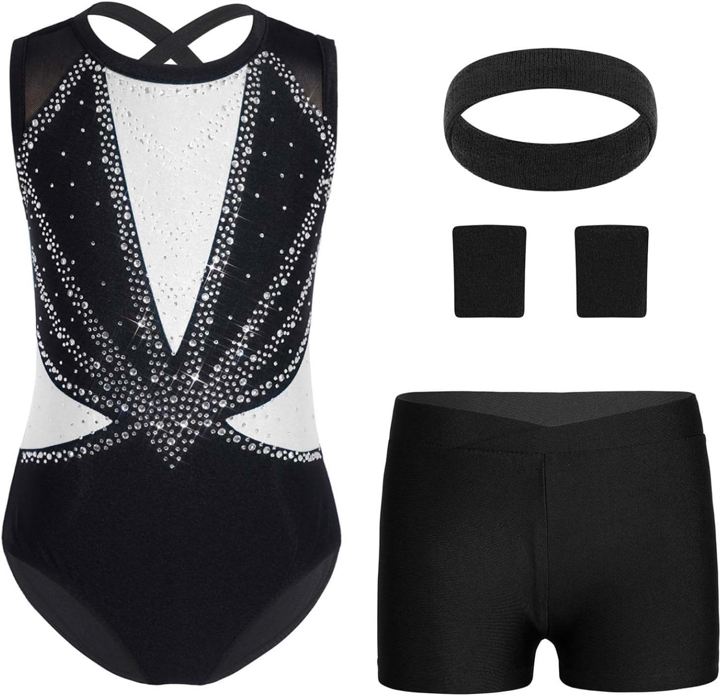 Gymnastics Leotard for Girls Rhinestone Dance Biketard Outfit Set with Shorts and Headband Wristbands