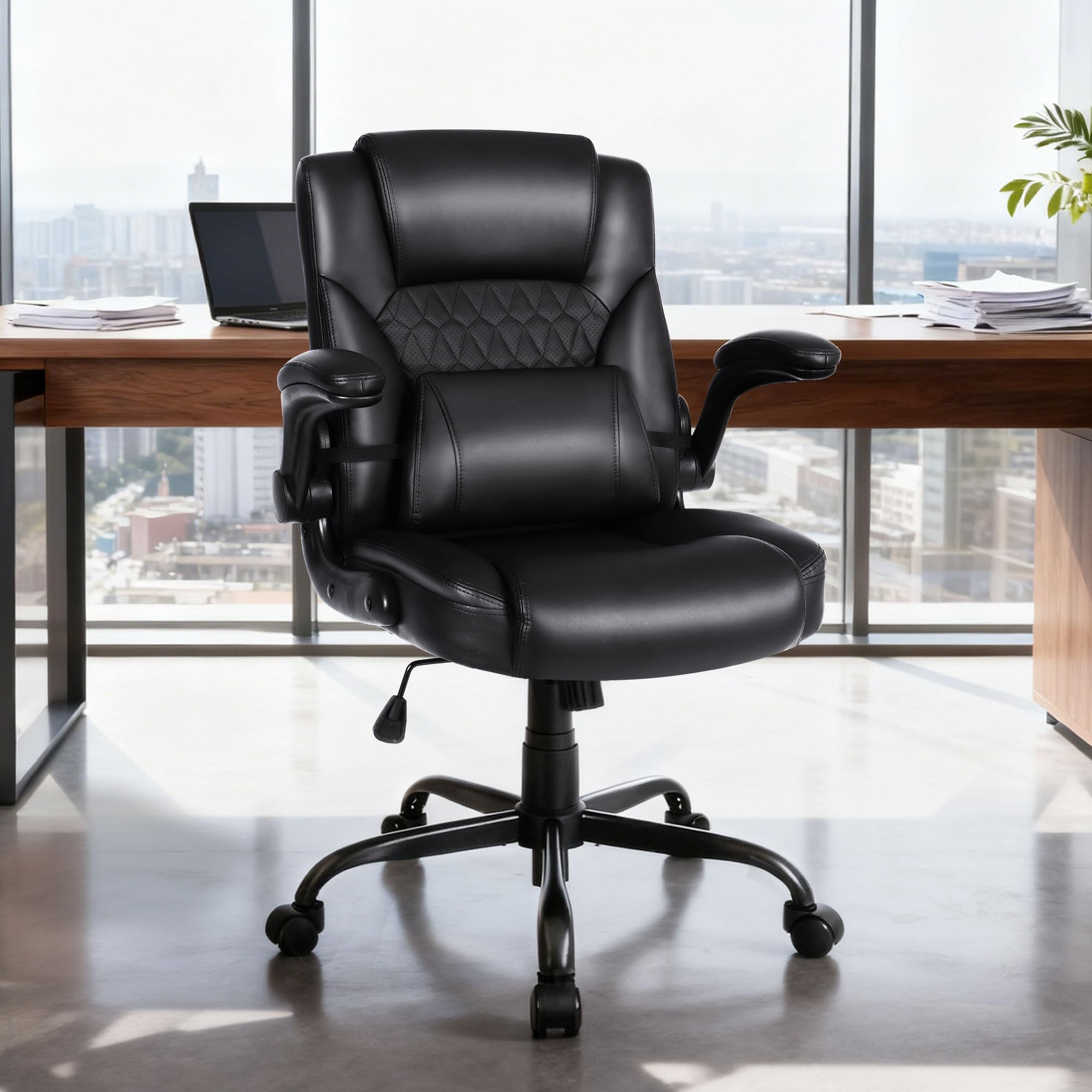 Home Office Chair with Lumbar Support 5 Thickened Seat Small PU Leather Rocking Desk Chair Comfy Computer Chairs