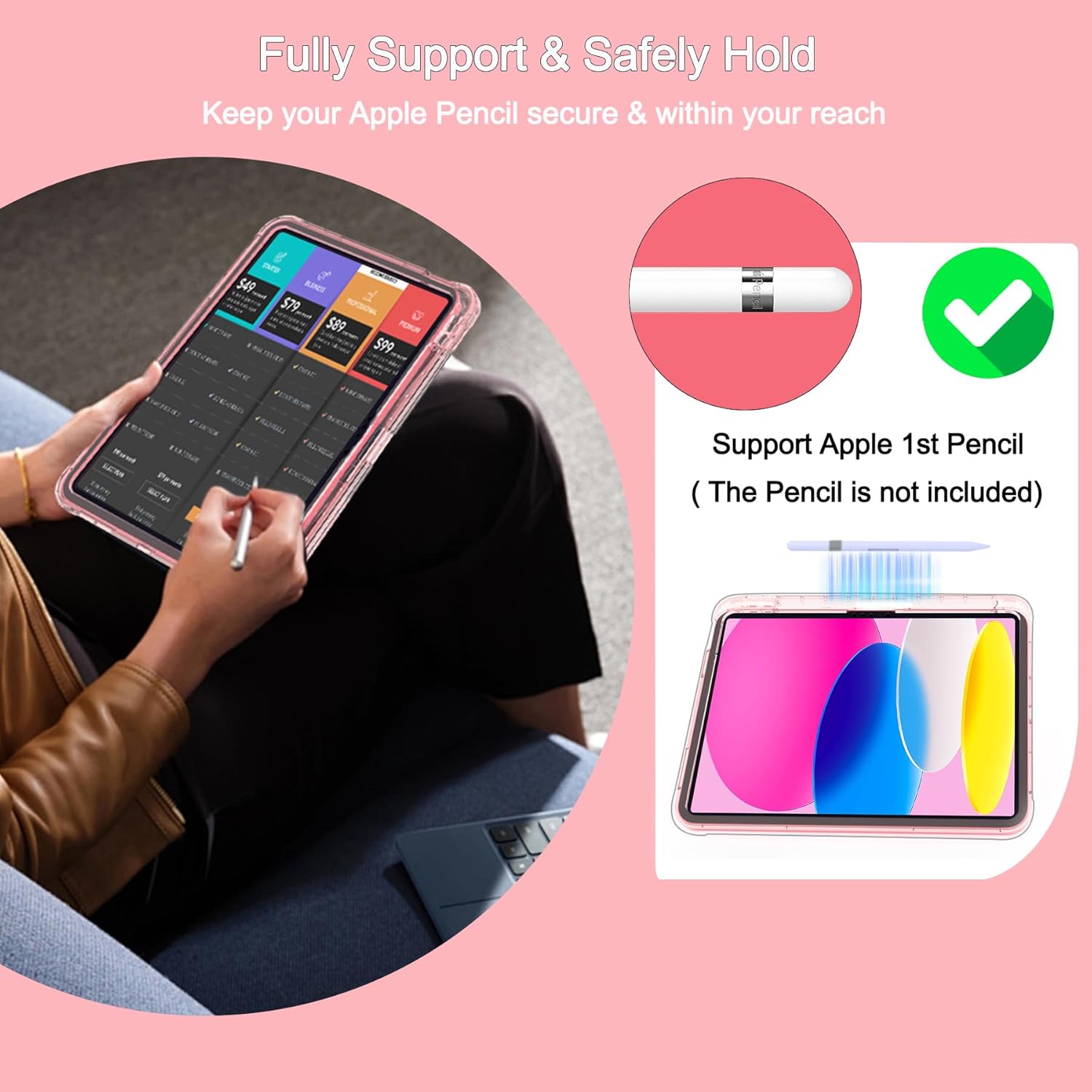Rantice iPad (A16) 11th/10th Generation Case, Pencil Holder & Kickstand - Slim, Clear and Shockproof Bumper for Women and Girls, Pink Clear - Image 7