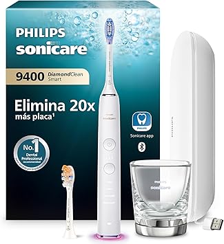 Philips Sonicare DiamondClean Smart 9400, cepillo dental eléctrico, con aplicación, sensor de presión, detección de cabezal de cepillado, blanco, modelo HX9917/88, Blanco, 2 Cabezales