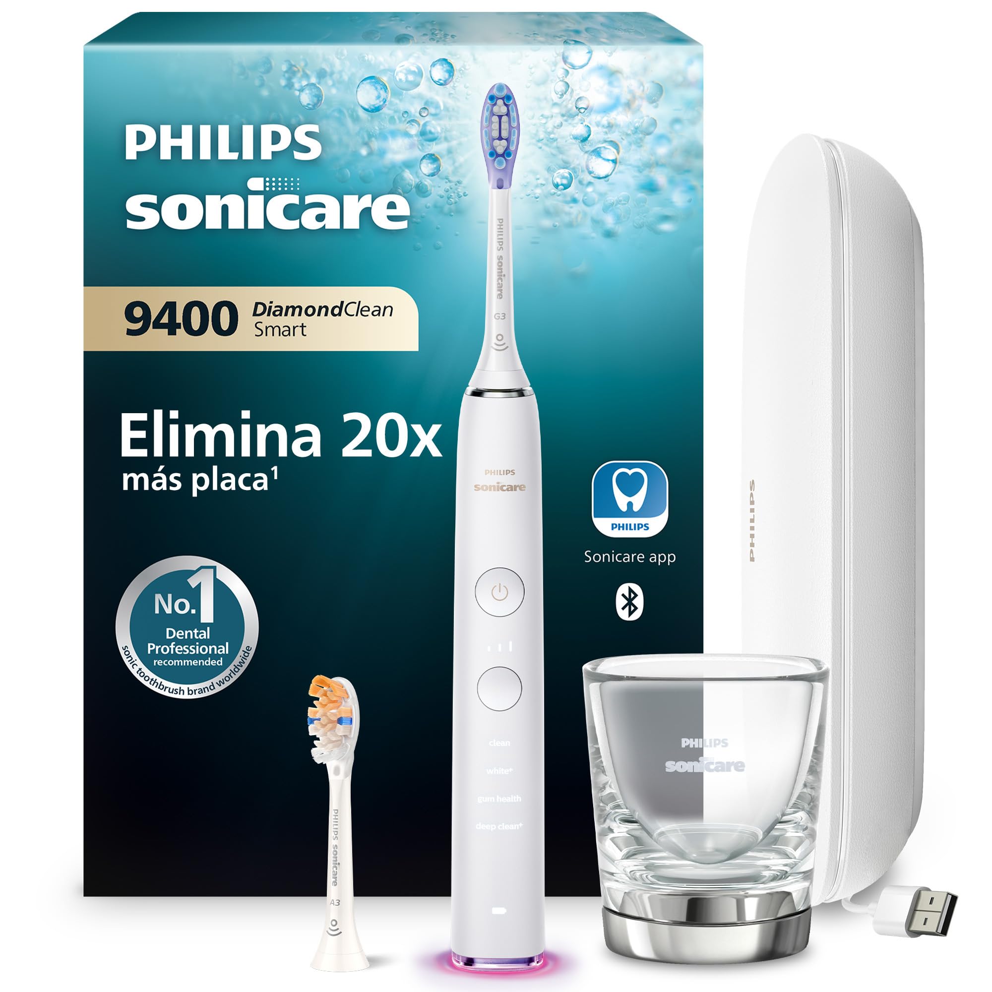 Philips Sonicare DiamondClean Smart 9400, cepillo dental eléctrico, con aplicación, sensor de presión, detección de cabezal de cepillado, blanco, modelo HX9917/88, Blanco, 2 Cabezales